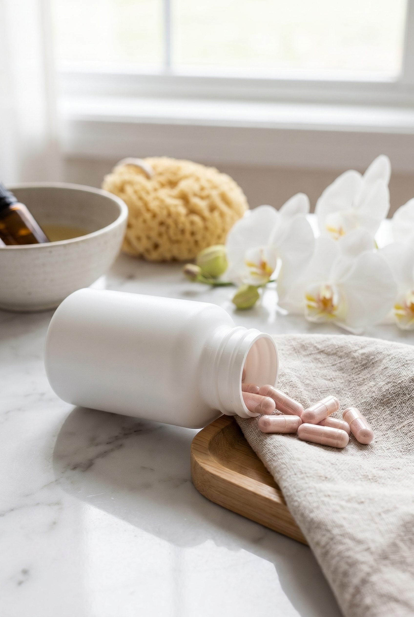 Blank-label supplement bottle with capsules in a premium wellness product scene for hero gallery variation.