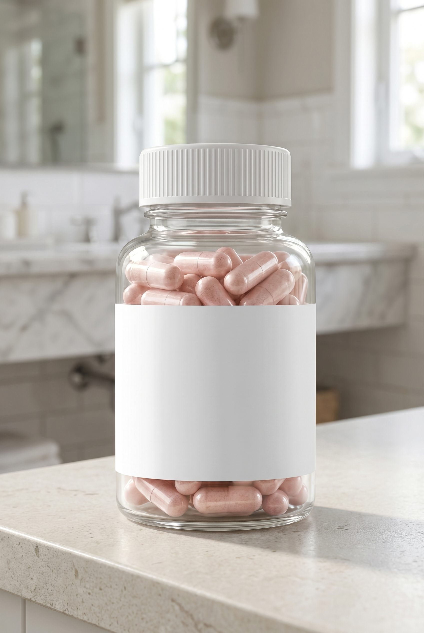 Brand-free supplement jar with orange capsules in a clean product scene for ecommerce supplement examples.