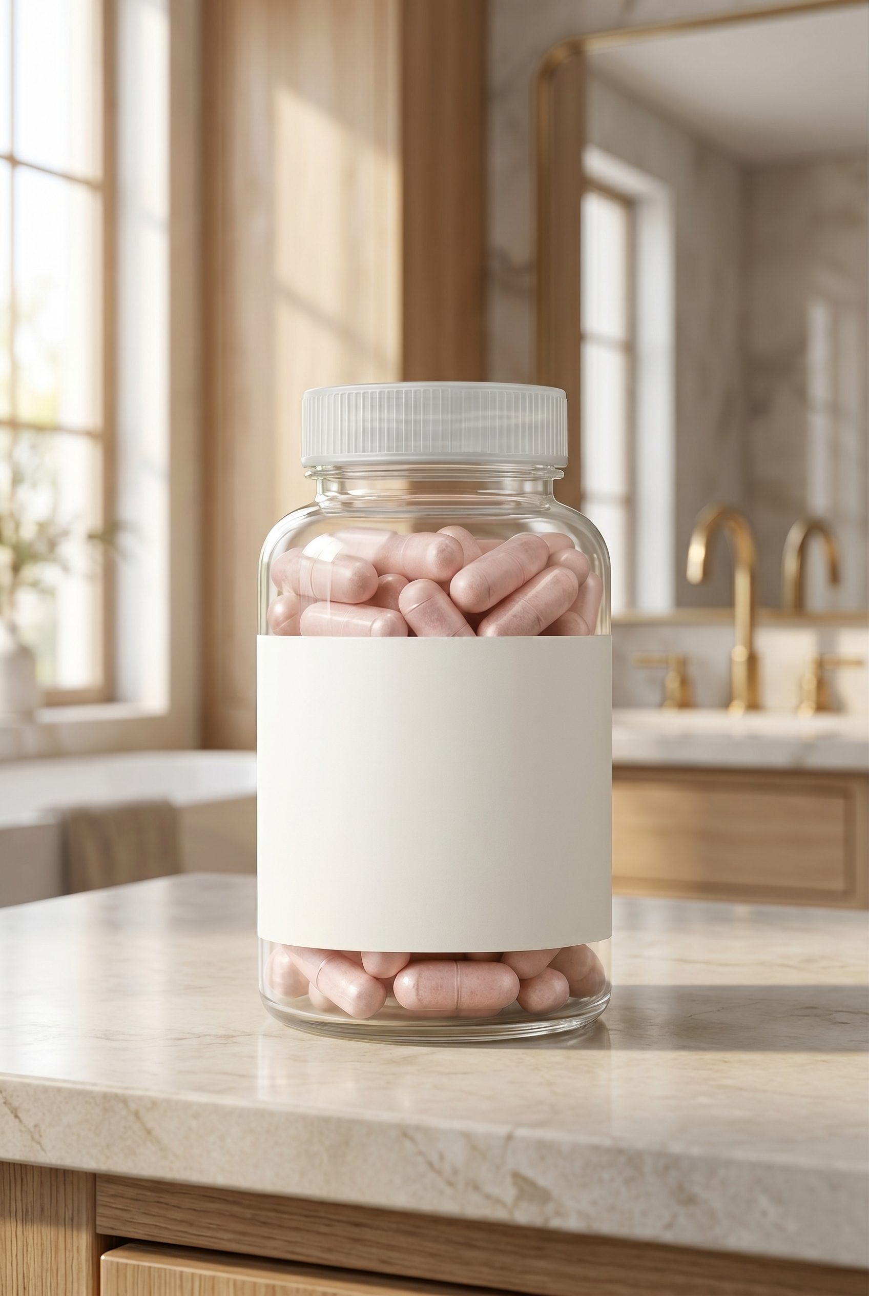 Brand-free supplement bottle with pink capsules in a bright ecommerce product scene.