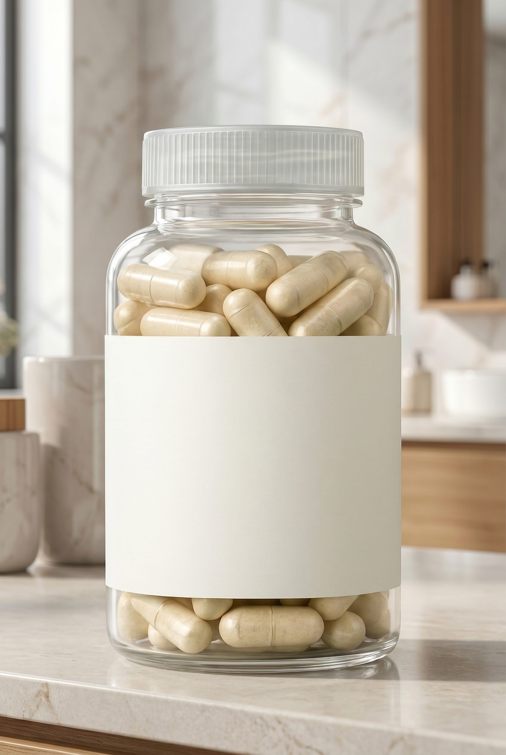 Supplement product photography example with blank-label wellness packaging