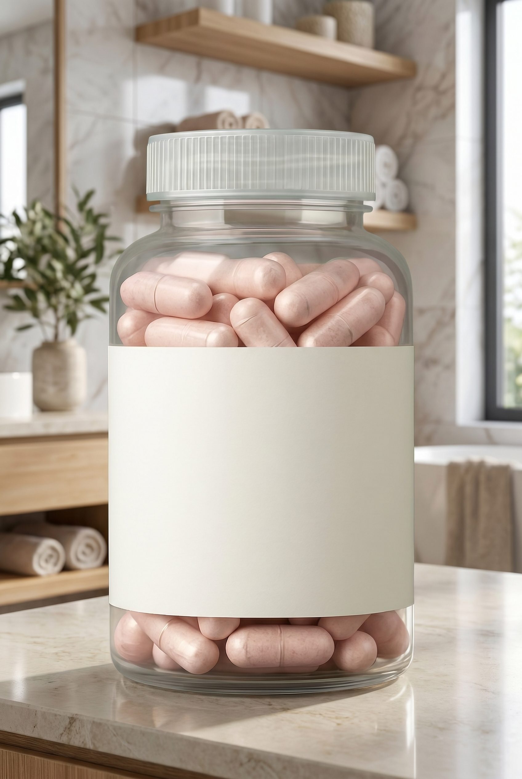 Supplement product photography example with blank-label wellness packaging