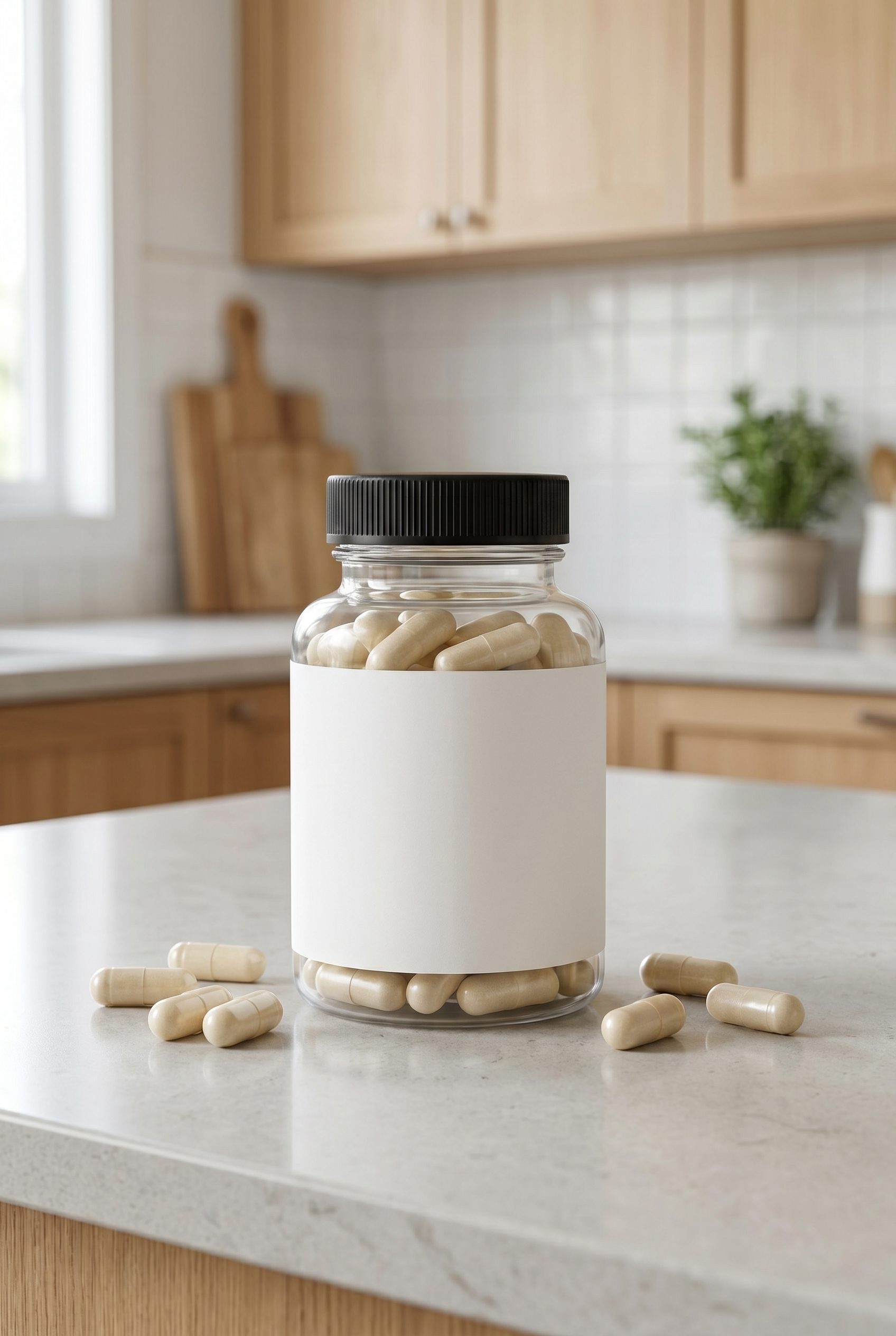 White-label supplement bottle with capsules on a bright kitchen counter.