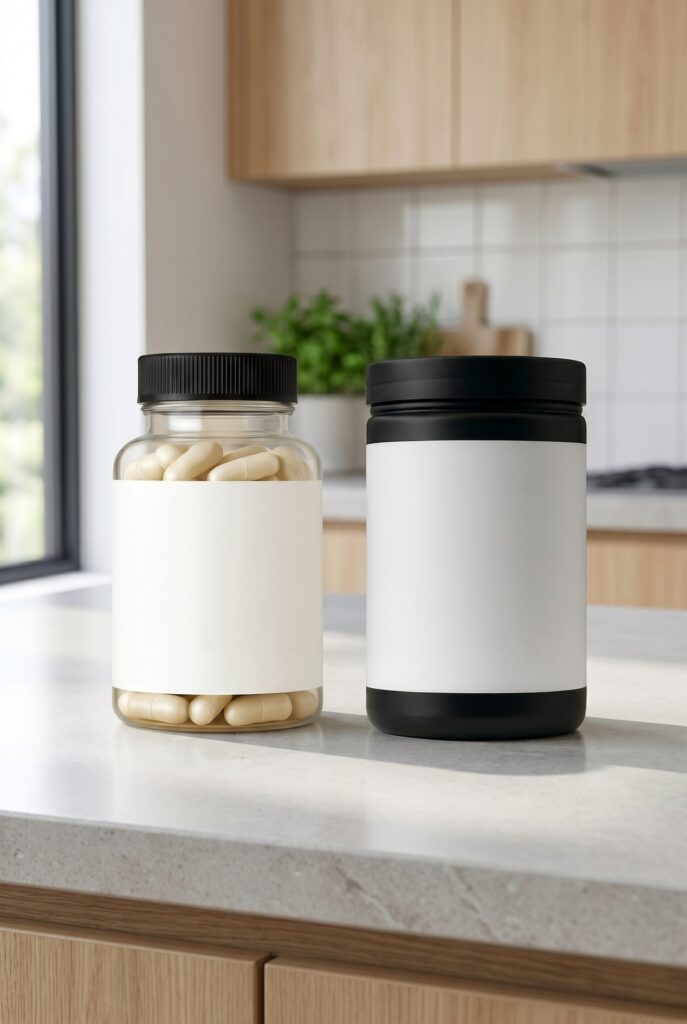 Clean white-label supplement bottle scene for marketplace image requirement guidance.