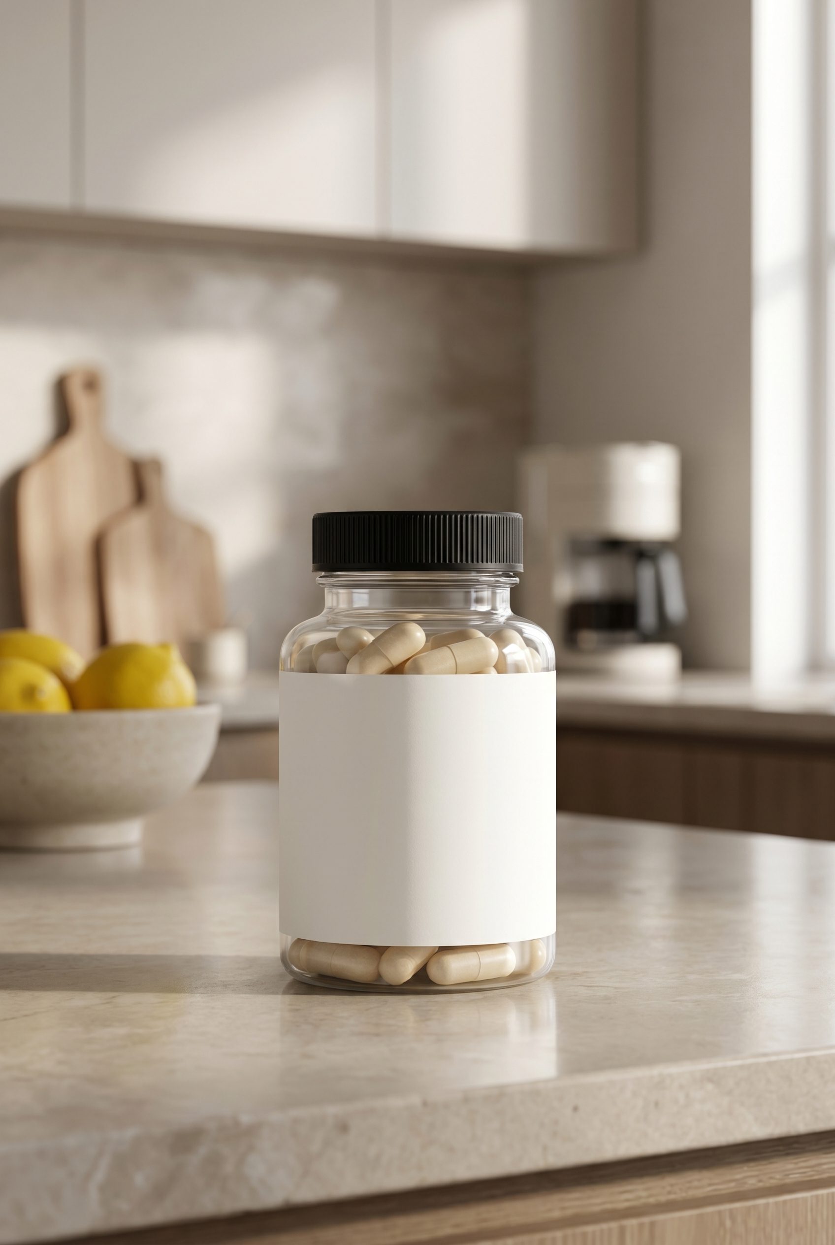 Blank-label supplement capsule bottle on a clean kitchen counter as the source product for a Fotogenic workflow.
