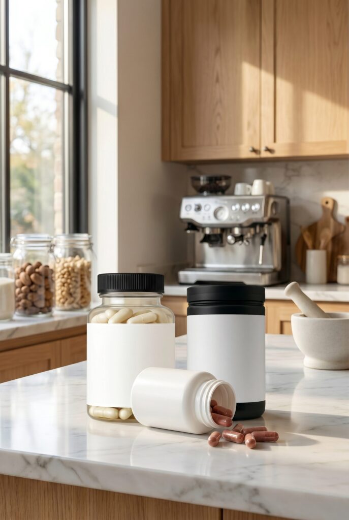 Brand-free supplement catalog scene with bottles and capsules for product catalog guidance.