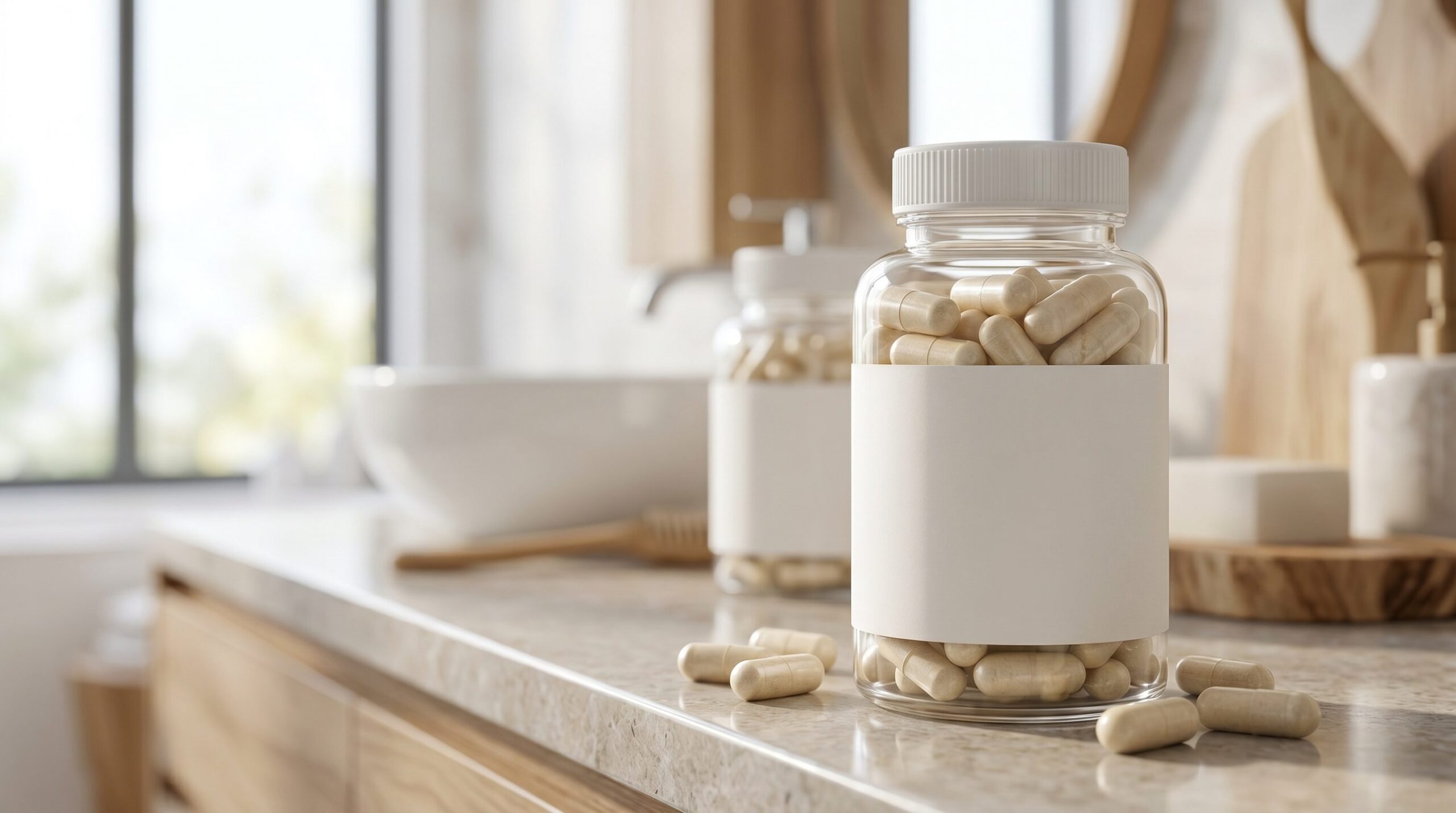 White-label supplement bottles and capsules on a bright kitchen counter.