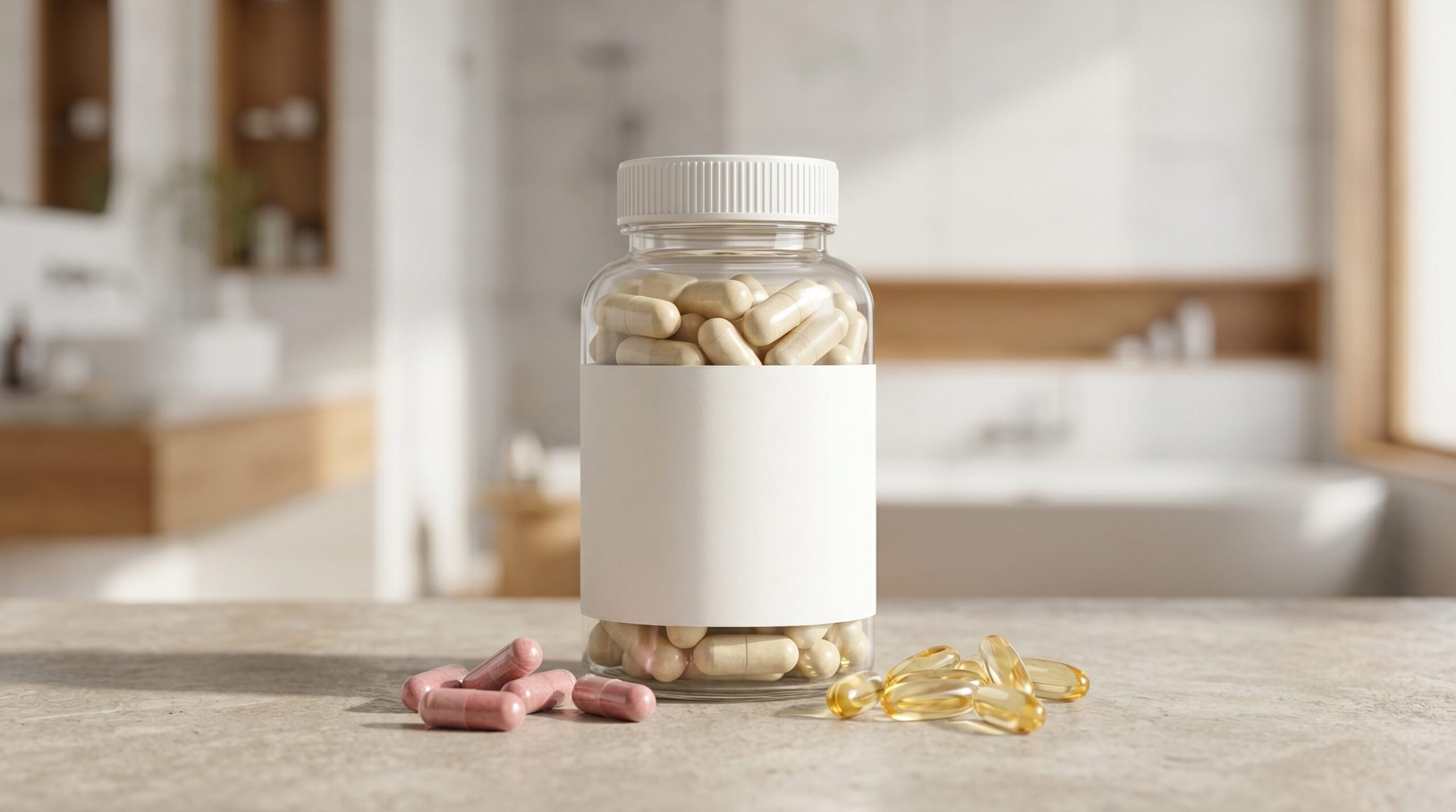 Blank-label supplement capsule bottle on a bright counter for varied supplement gallery proof.
