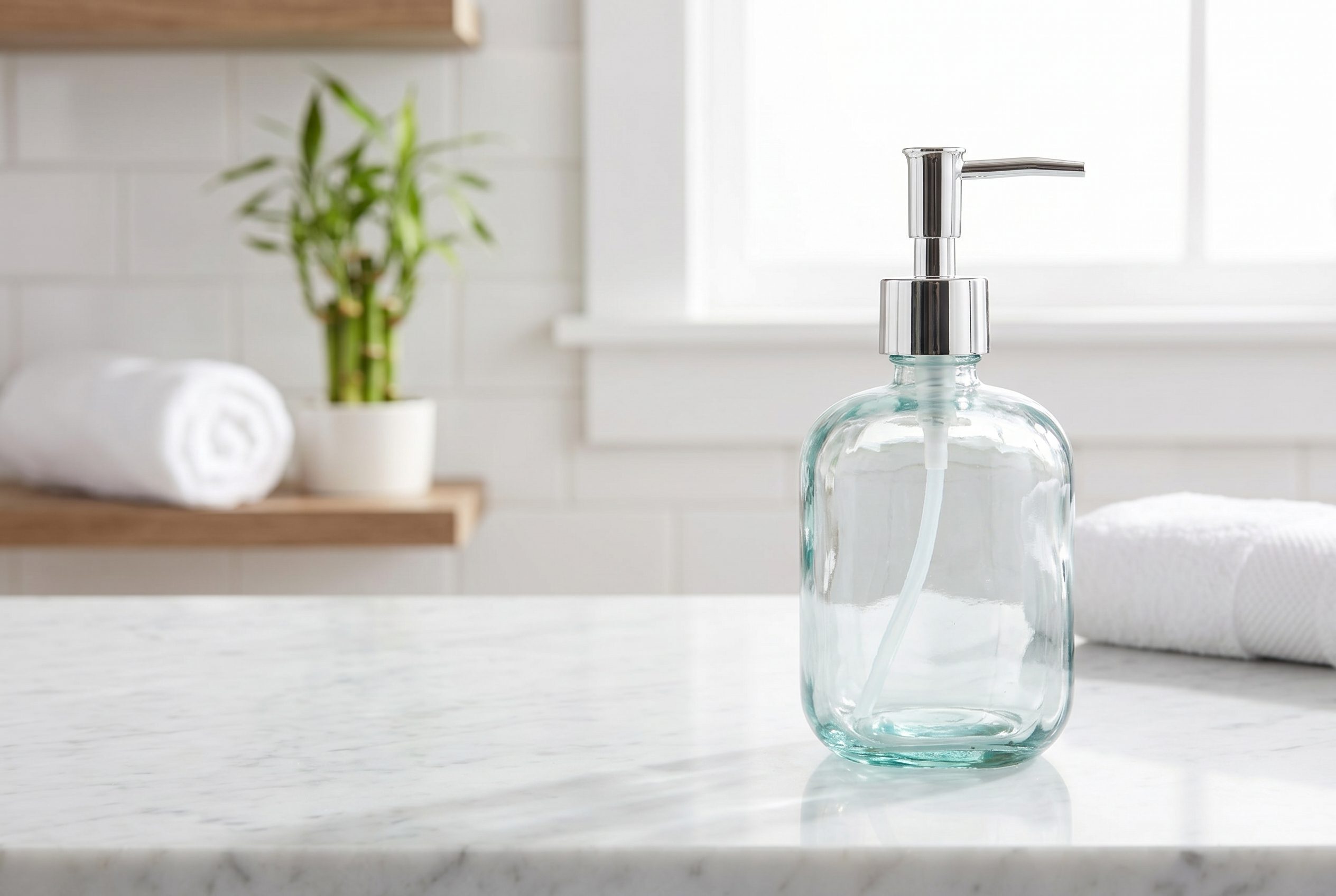 AI Product Photos for Ads after image showing a clear glass soap dispenser fully visible in a right-side spa ad scene