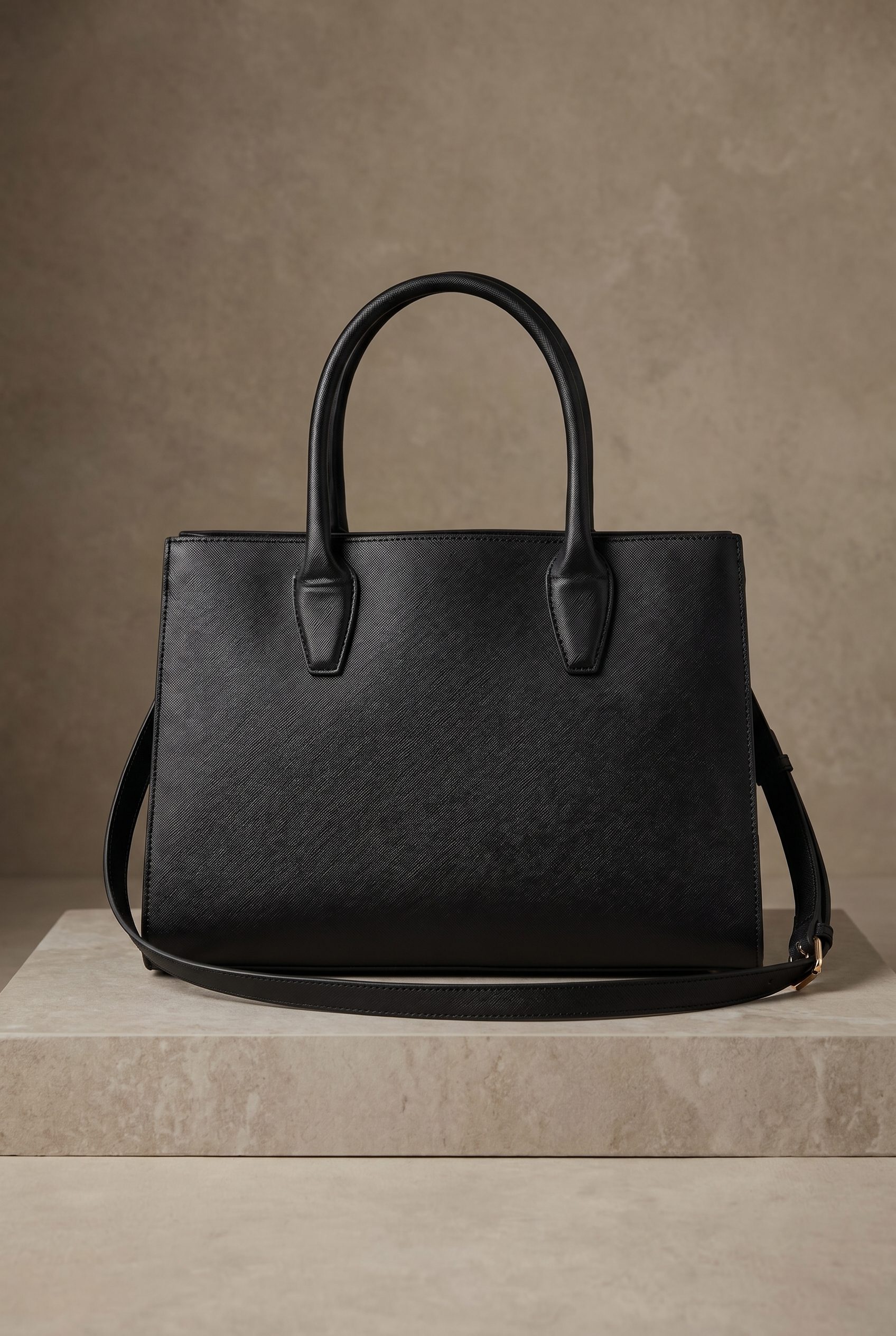 Fotogenic AI WordPress accessory visual showing a black structured handbag