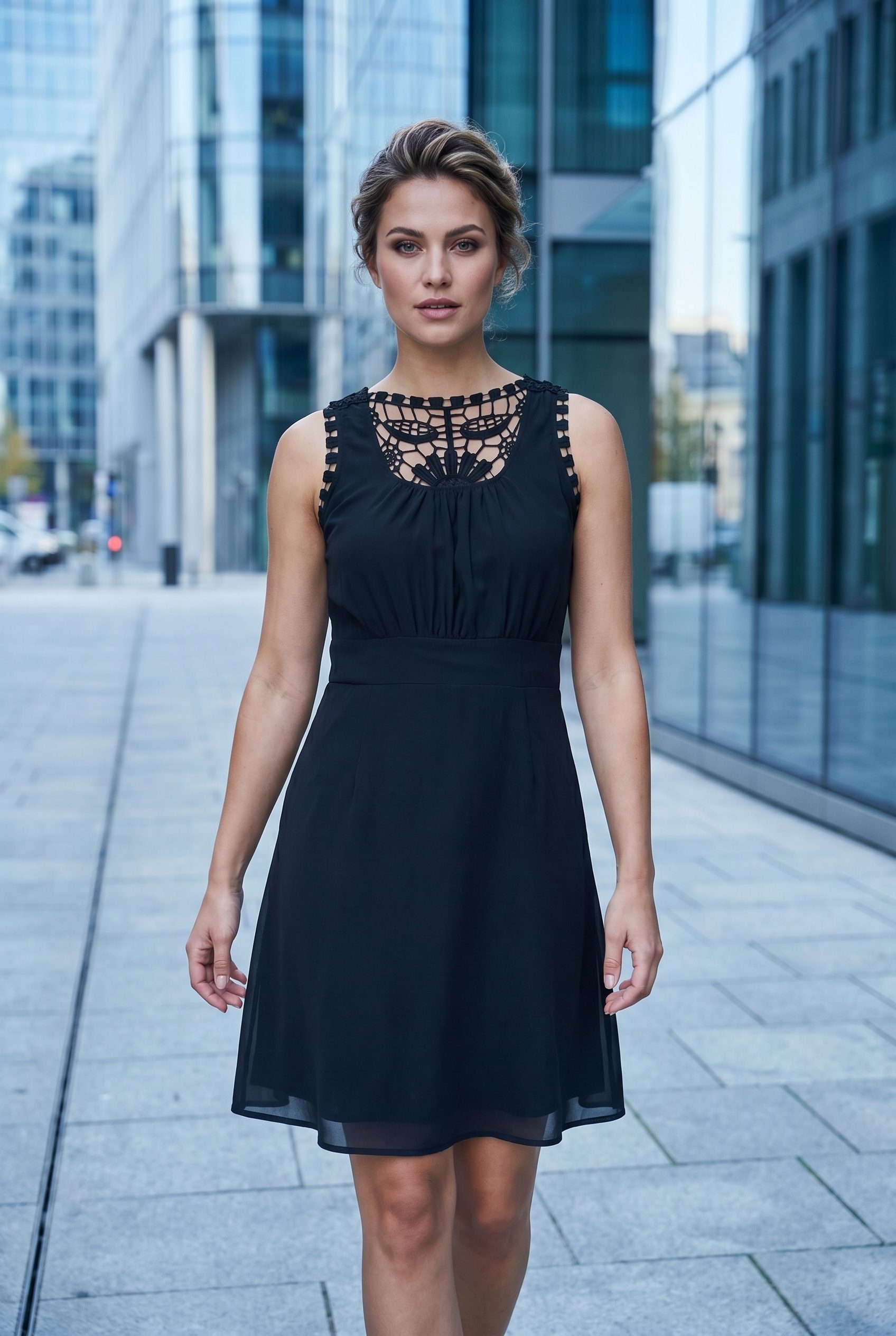 Fotogenic AI black dress image for Google Shopping apparel feed examples.