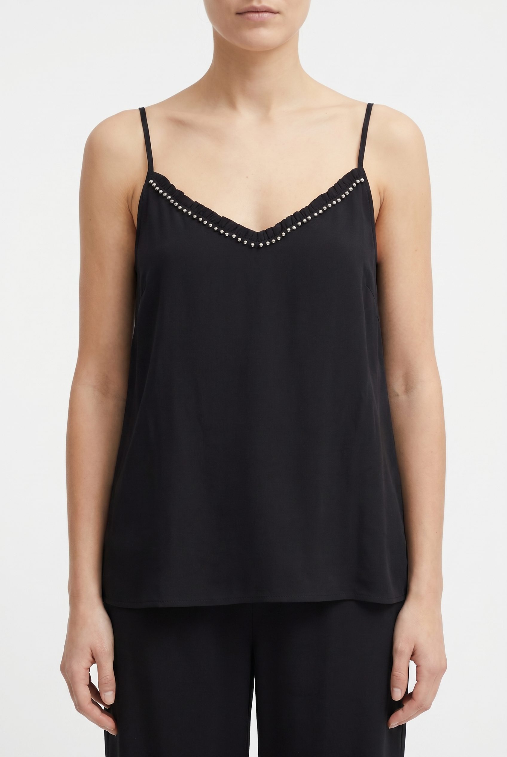 Fotogenic AI black sleeveless camisole top product visual for fashion apparel examples