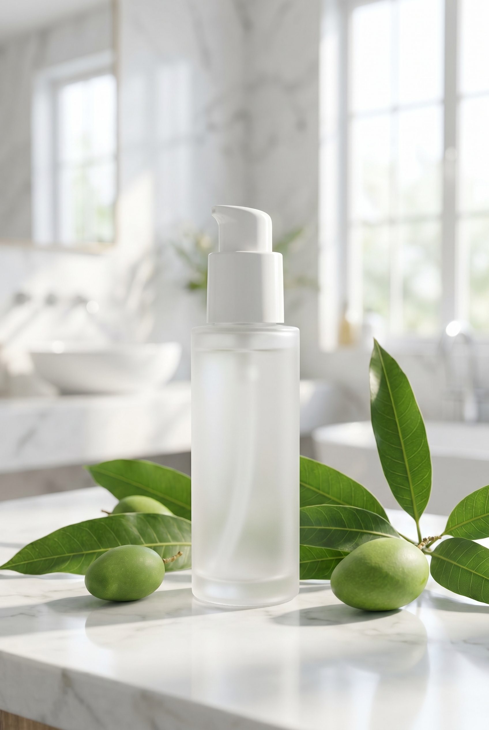 Label-free skincare bottle prepared as a Google Shopping beauty feed image.
