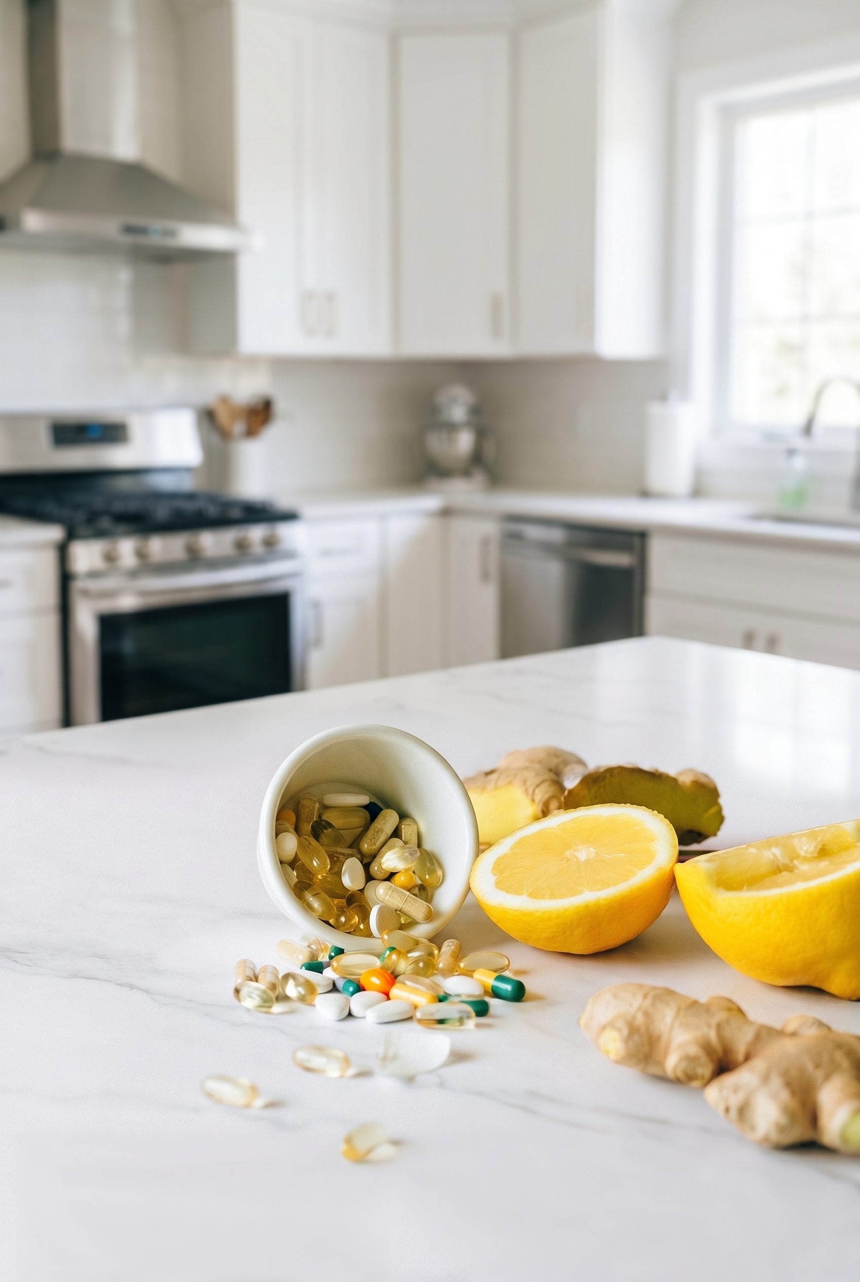 Supplement capsules styled with lemon and ginger in a bright kitchen routine scene.