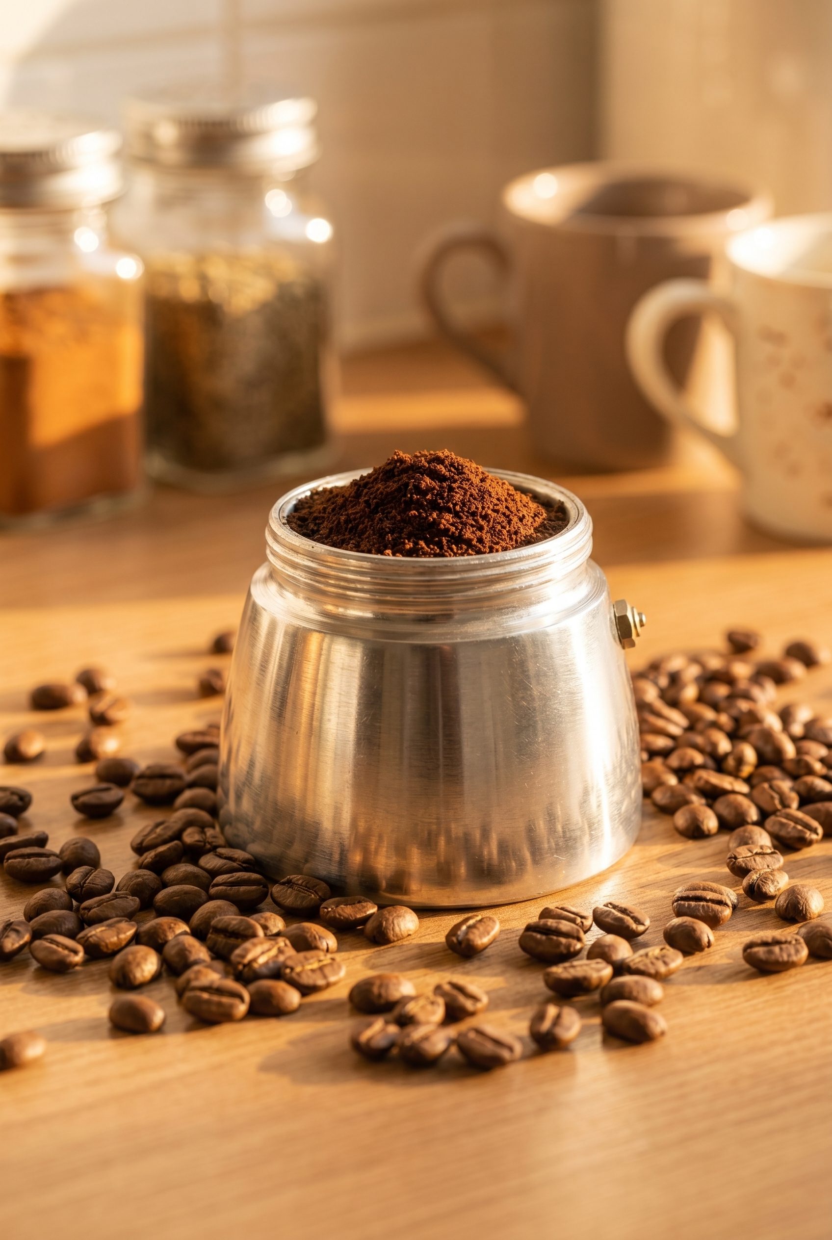 Brand-neutral coffee canister photographed as a polished food product hero image.
