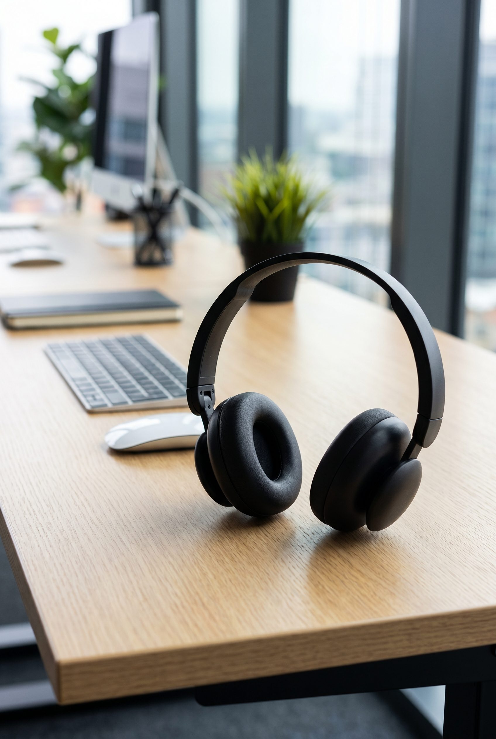Fotogenic AI electronics product photo example showing black wireless headphones in a clean premium product scene.