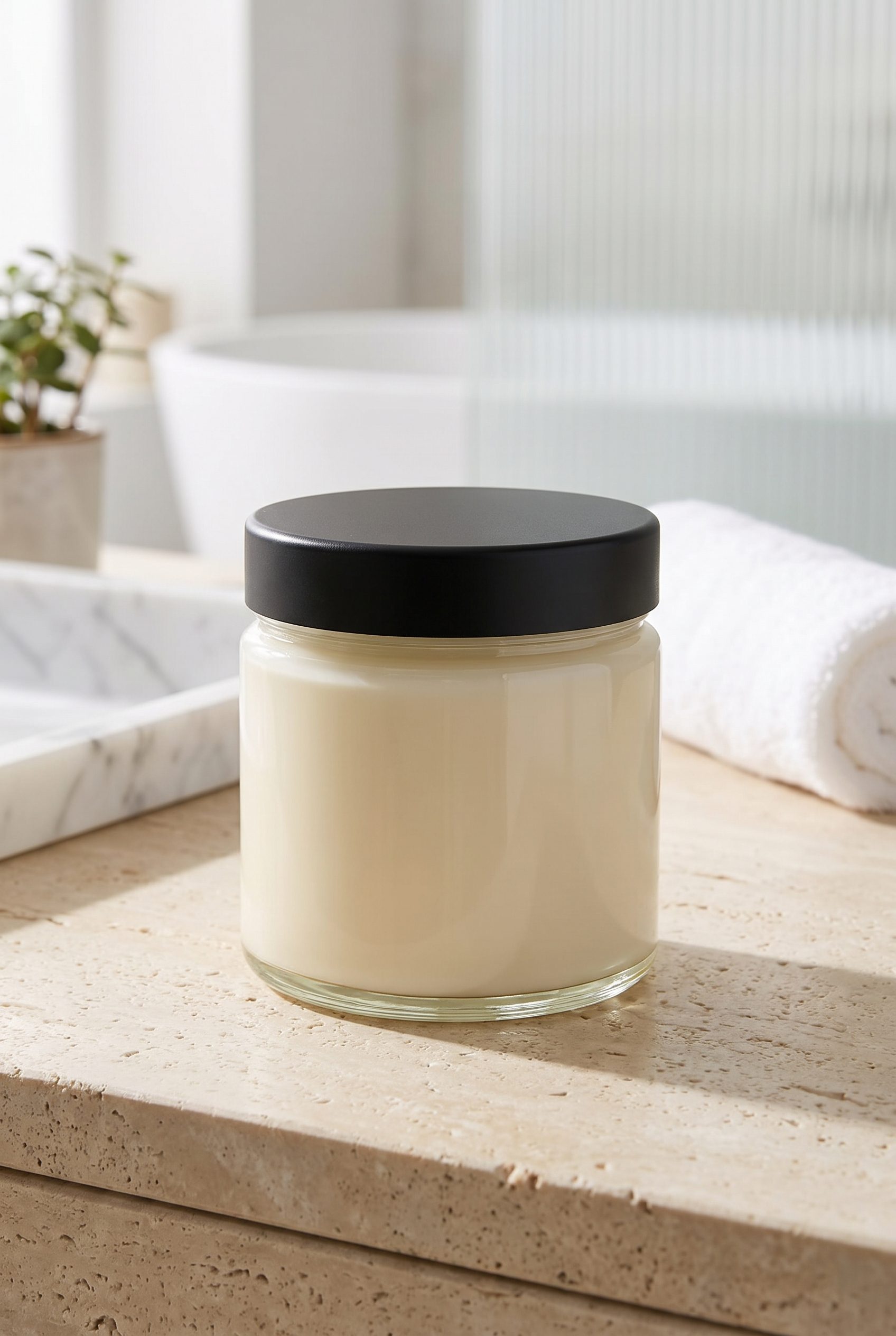 Brand-neutral skincare cream jar photographed in soft daylight for premium ecommerce galleries.