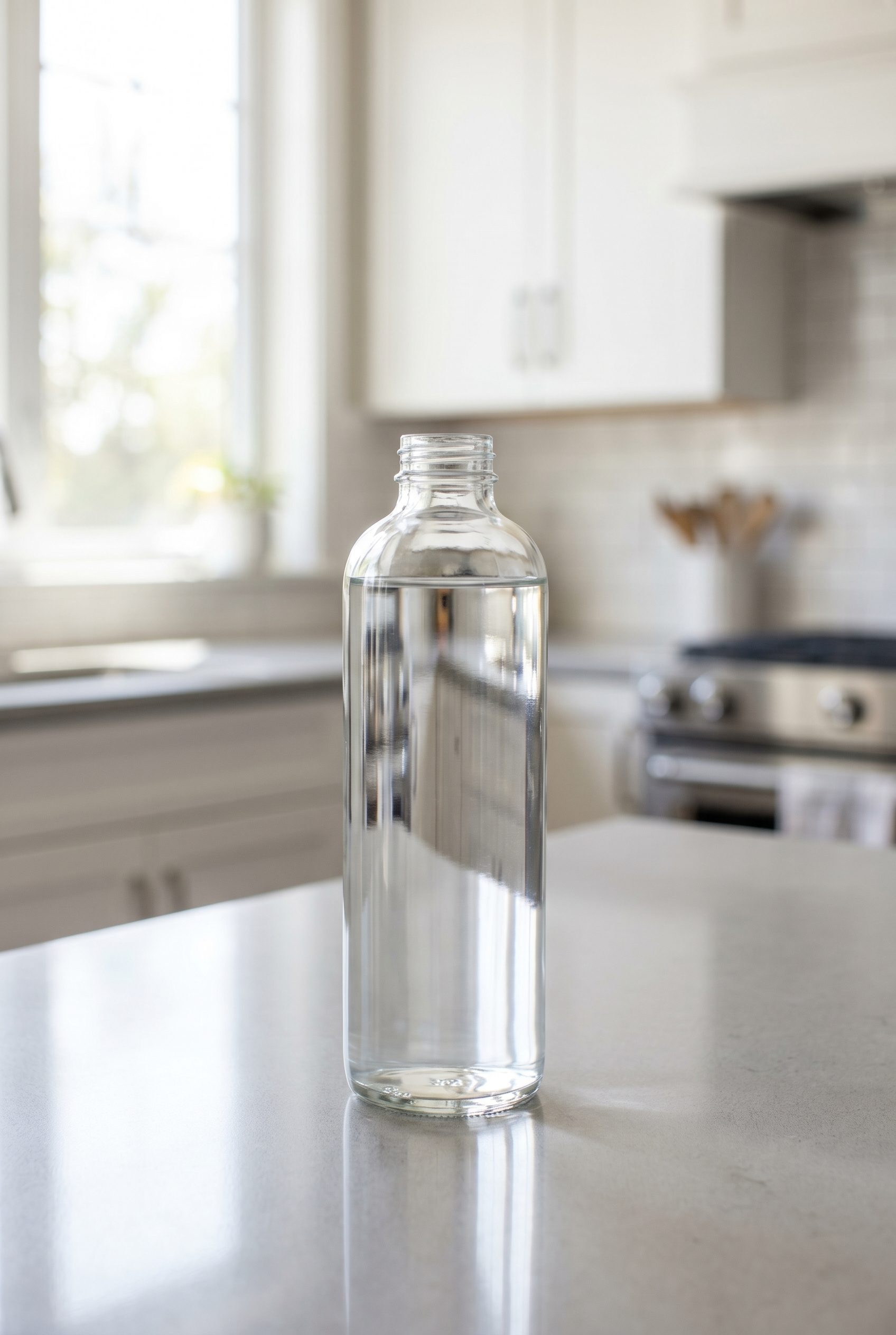 Fotogenic AI WordPress food and beverage visual showing a clear beverage bottle feed shot