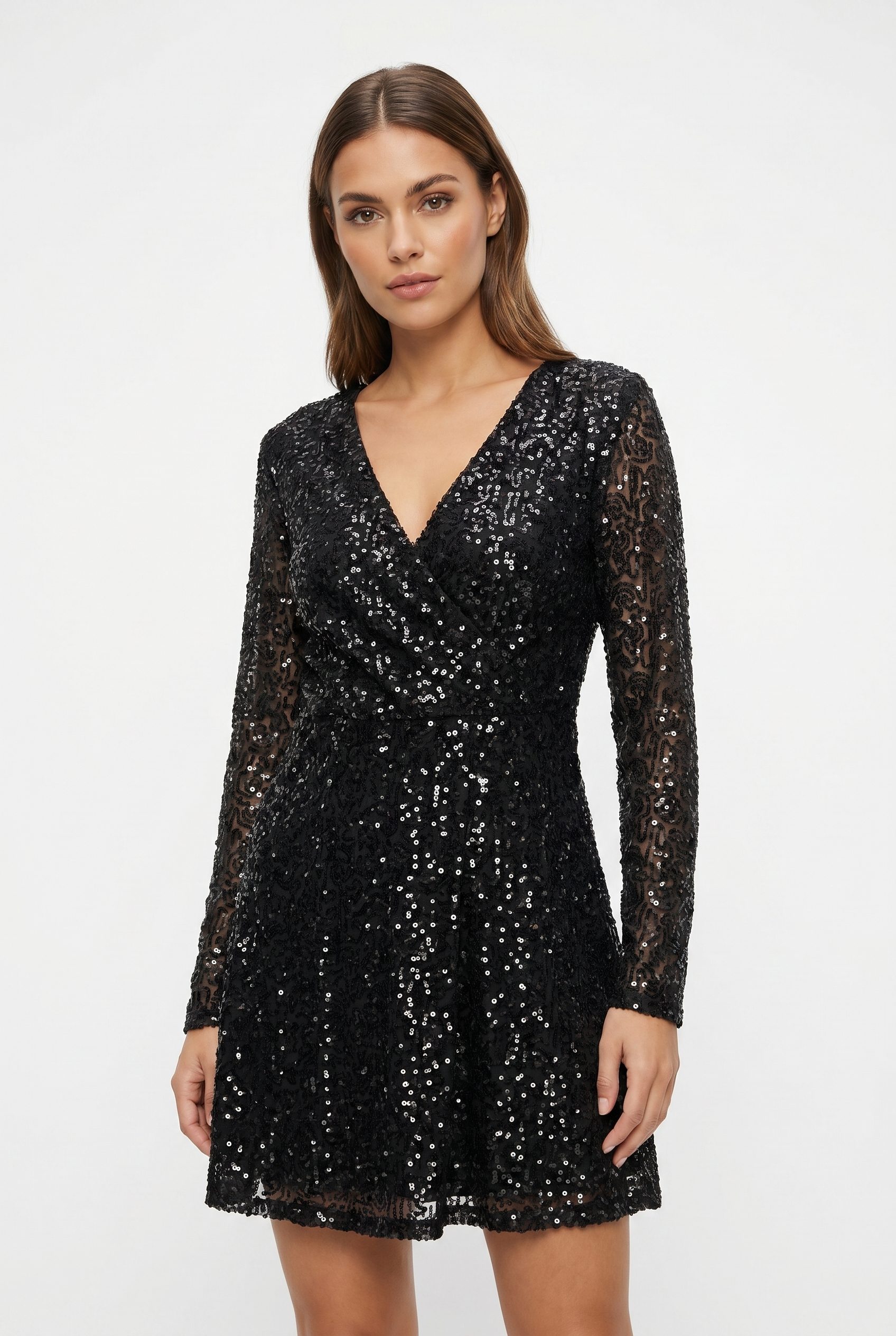 Black sequin dress PDP image for a campaign product page.
