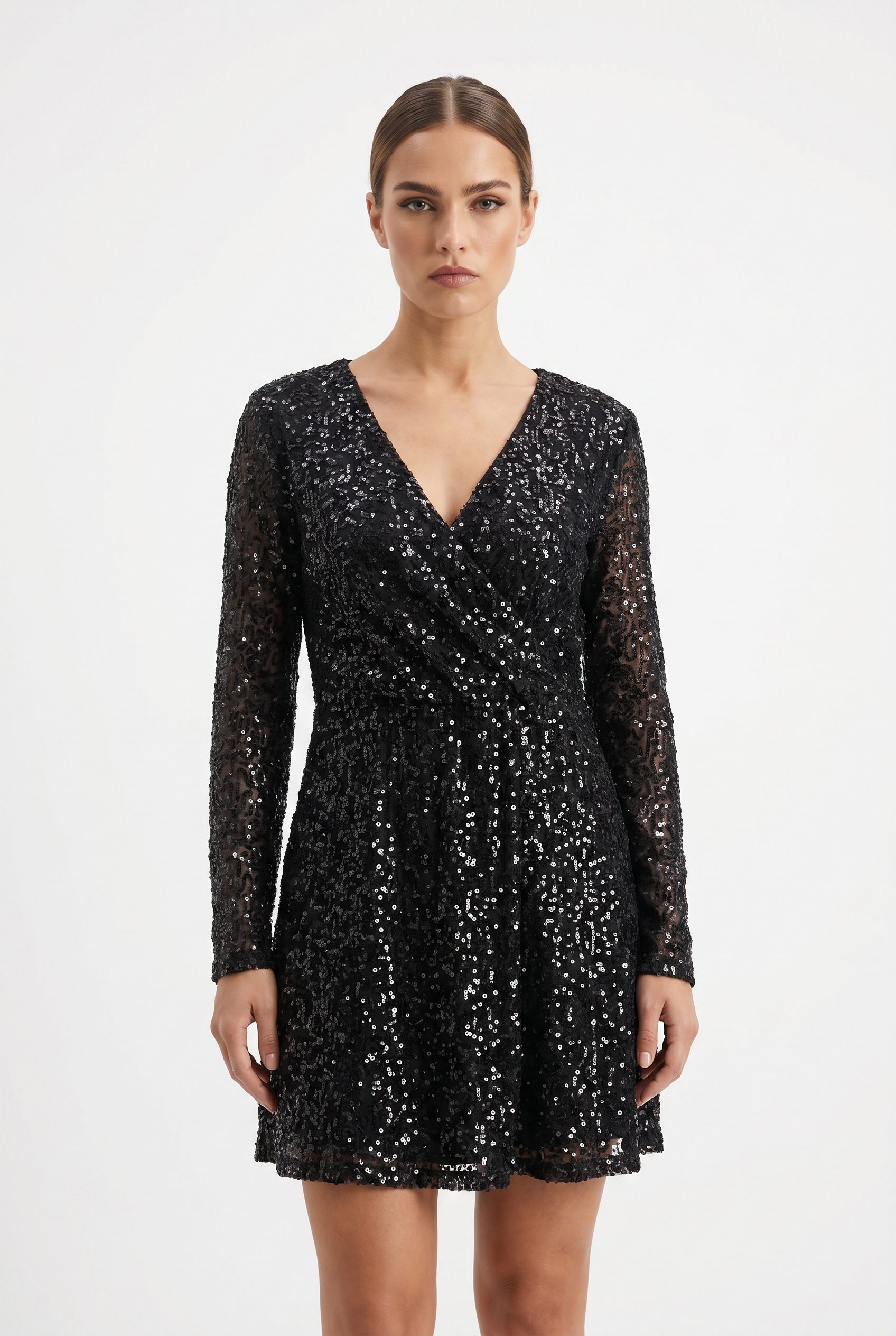 Black sequin dress catalog image for a launch campaign set.