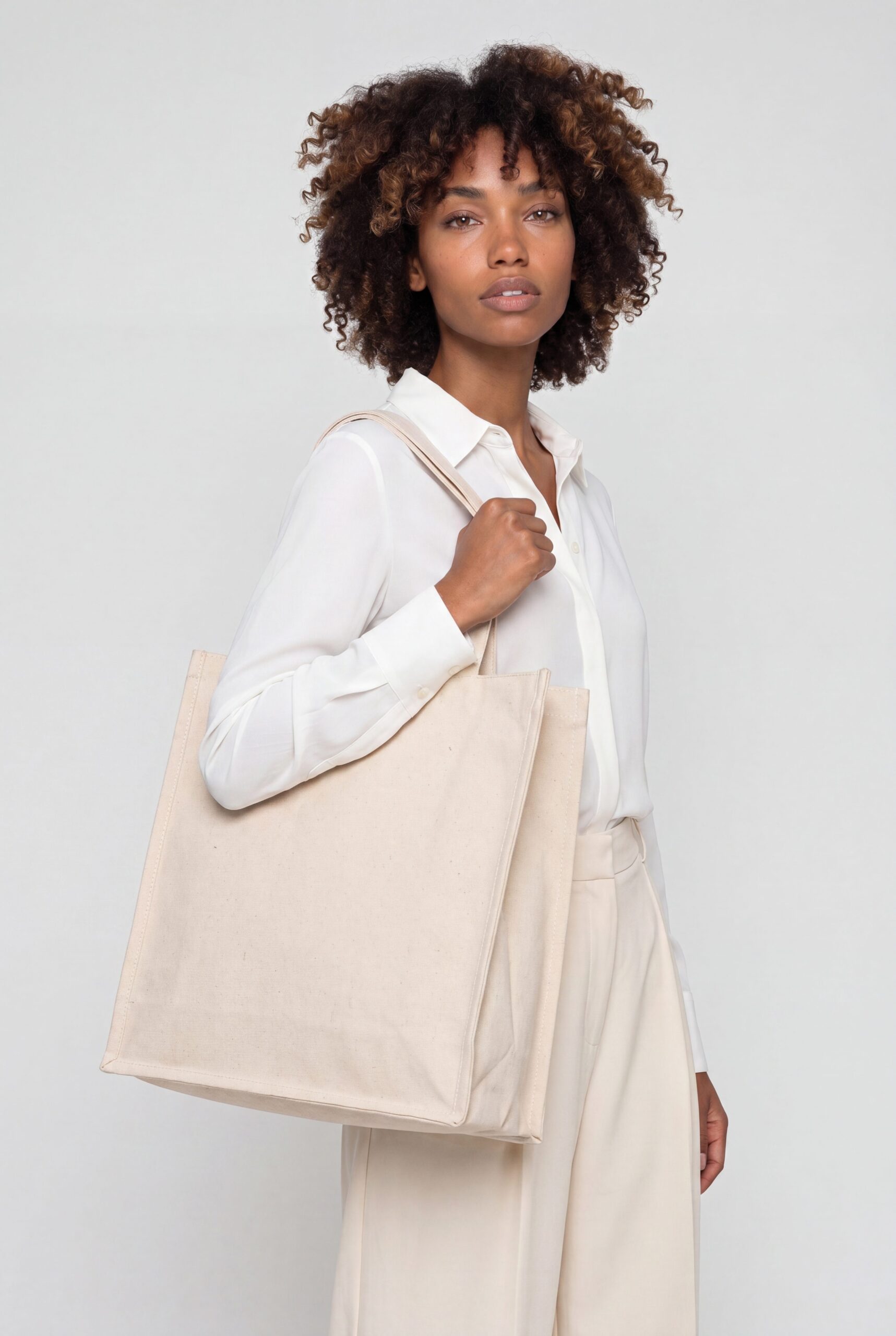 Premium bags product photography totes example with natural canvas tote from a fotogenic media library source, rebuilt as a clean model-led tote category card.