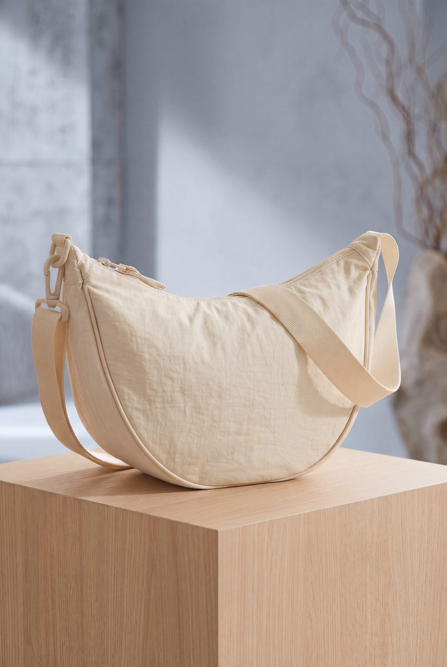 Cream crescent bag studio product image for Google Shopping bag feed rows.