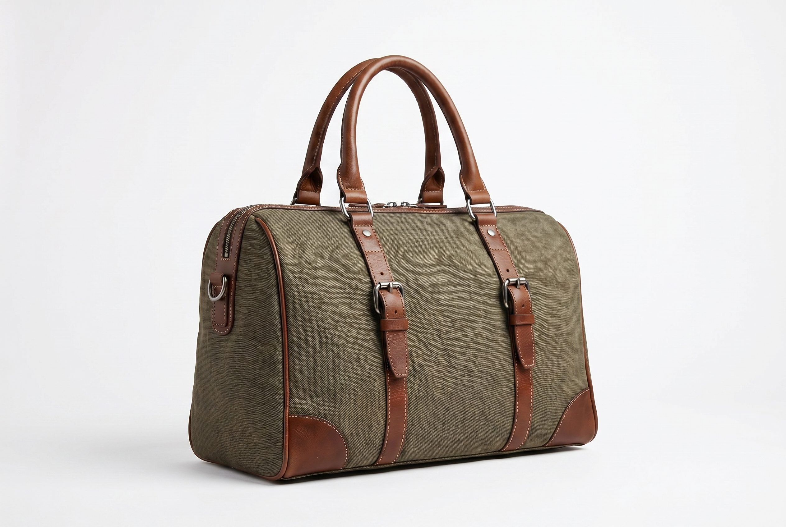 Bags product photography catalog card showing an olive duffel travel bag with handles and capacity visible