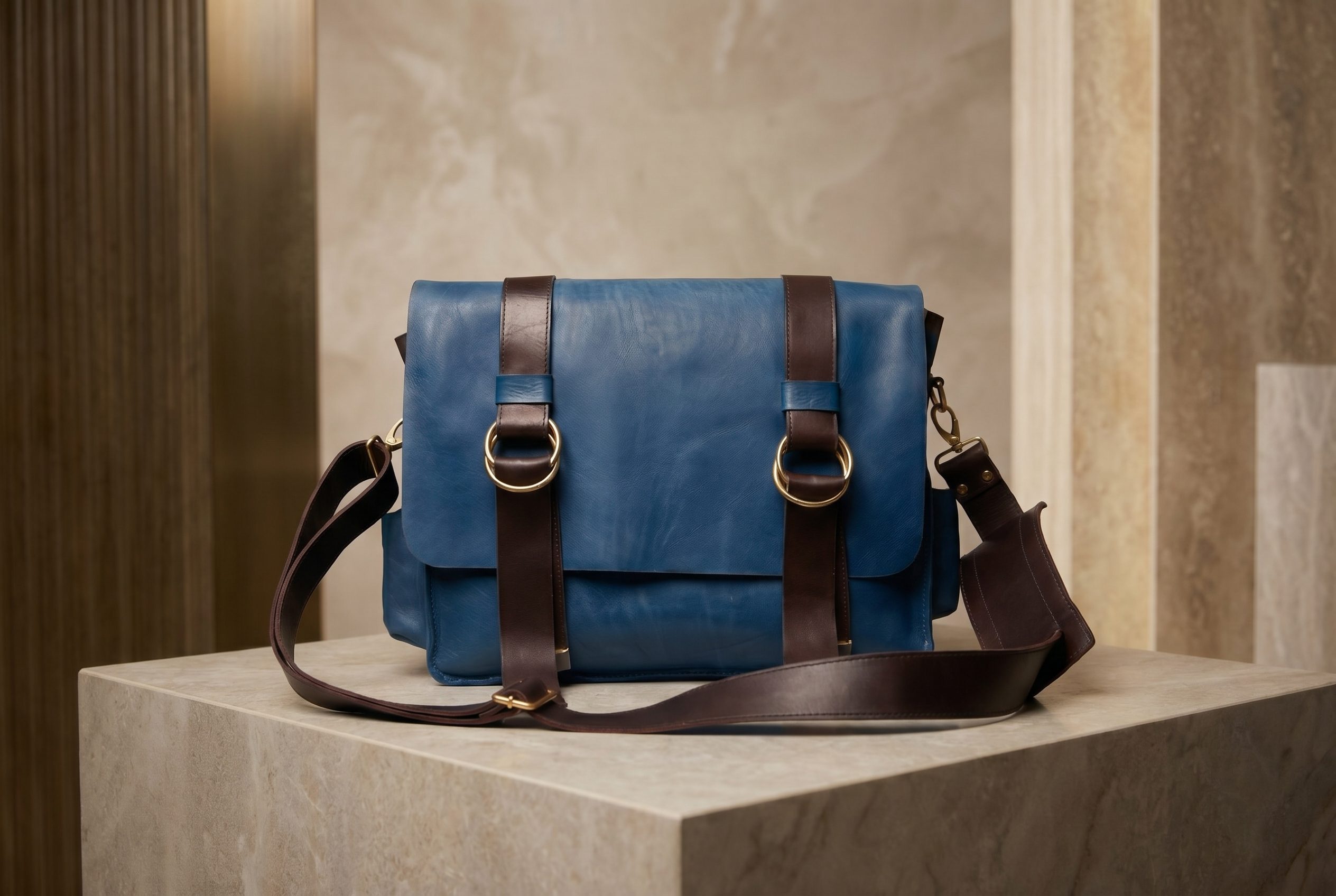Bags product photography catalog card showing a structured blue handbag with clear leather and hardware detail