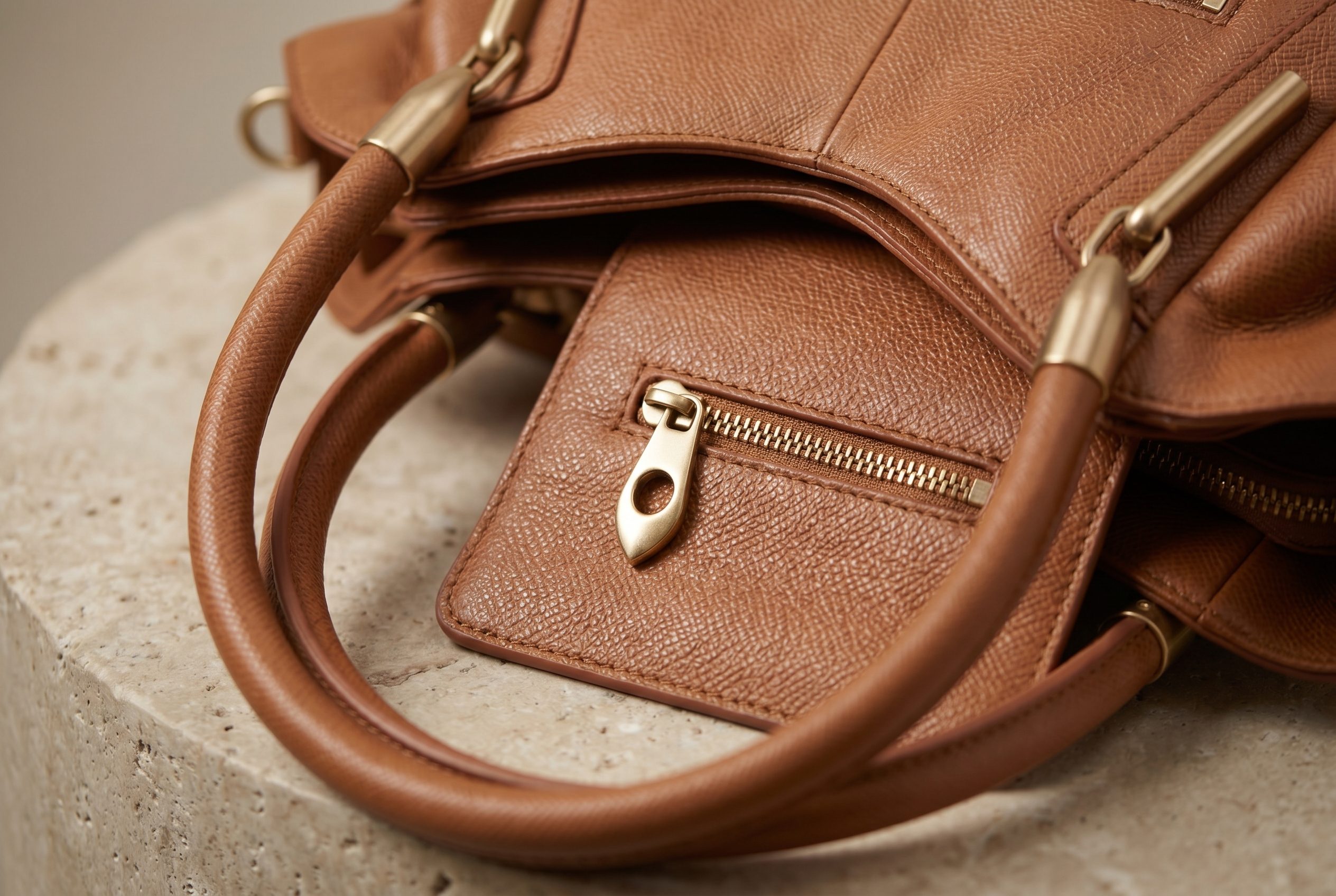 Bags product photography catalog card showing close-up leather texture, stitching, zipper, and hardware detail