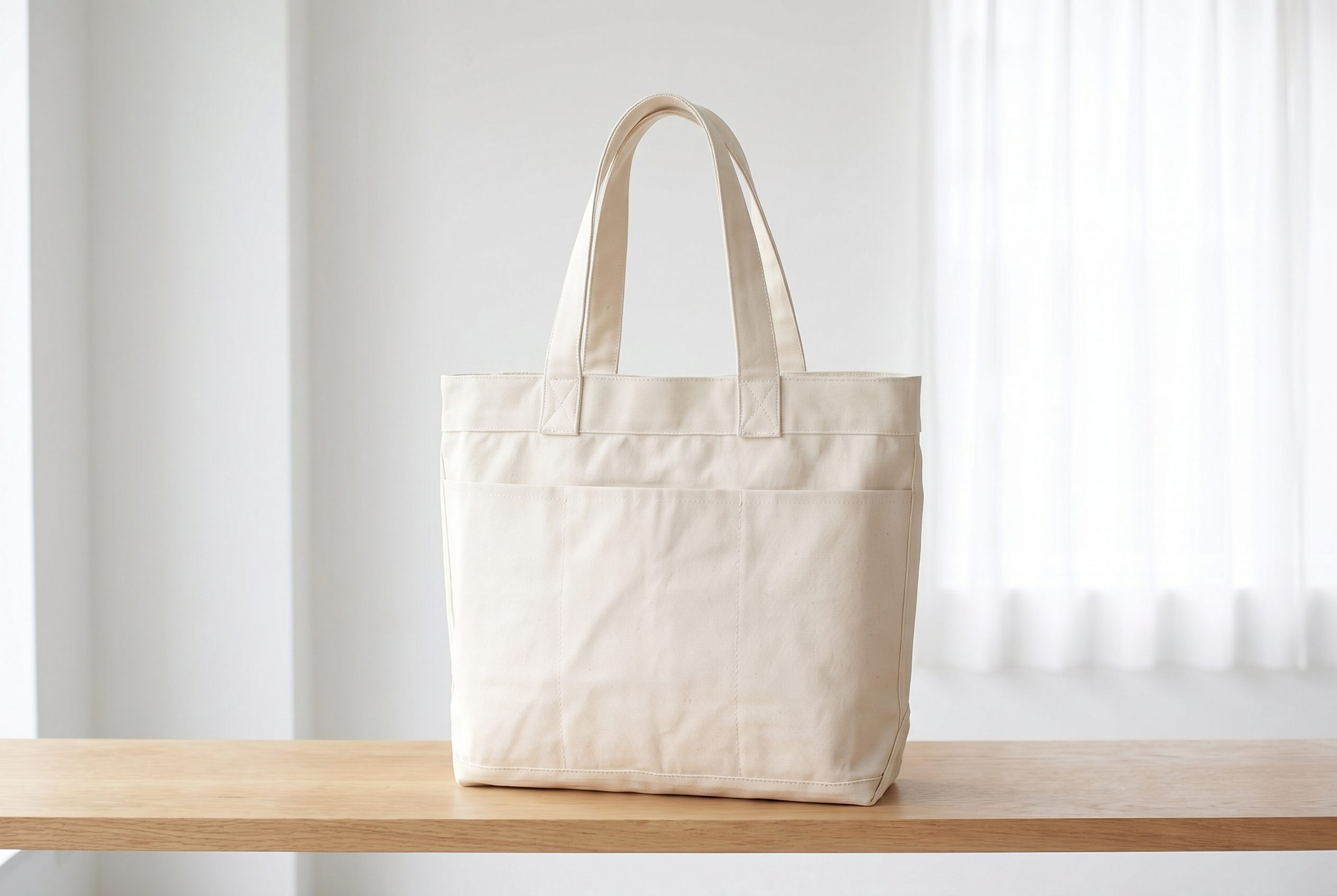 Bags product photography catalog card showing a cream canvas tote bag fully visible in a bright ecommerce frame