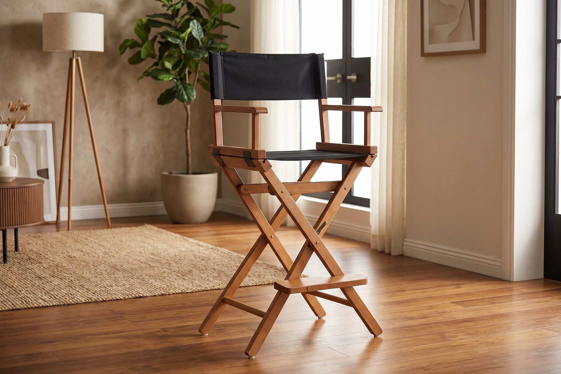 Fotogenic AI generated ecommerce lifestyle product image of a director chair in a furnished room