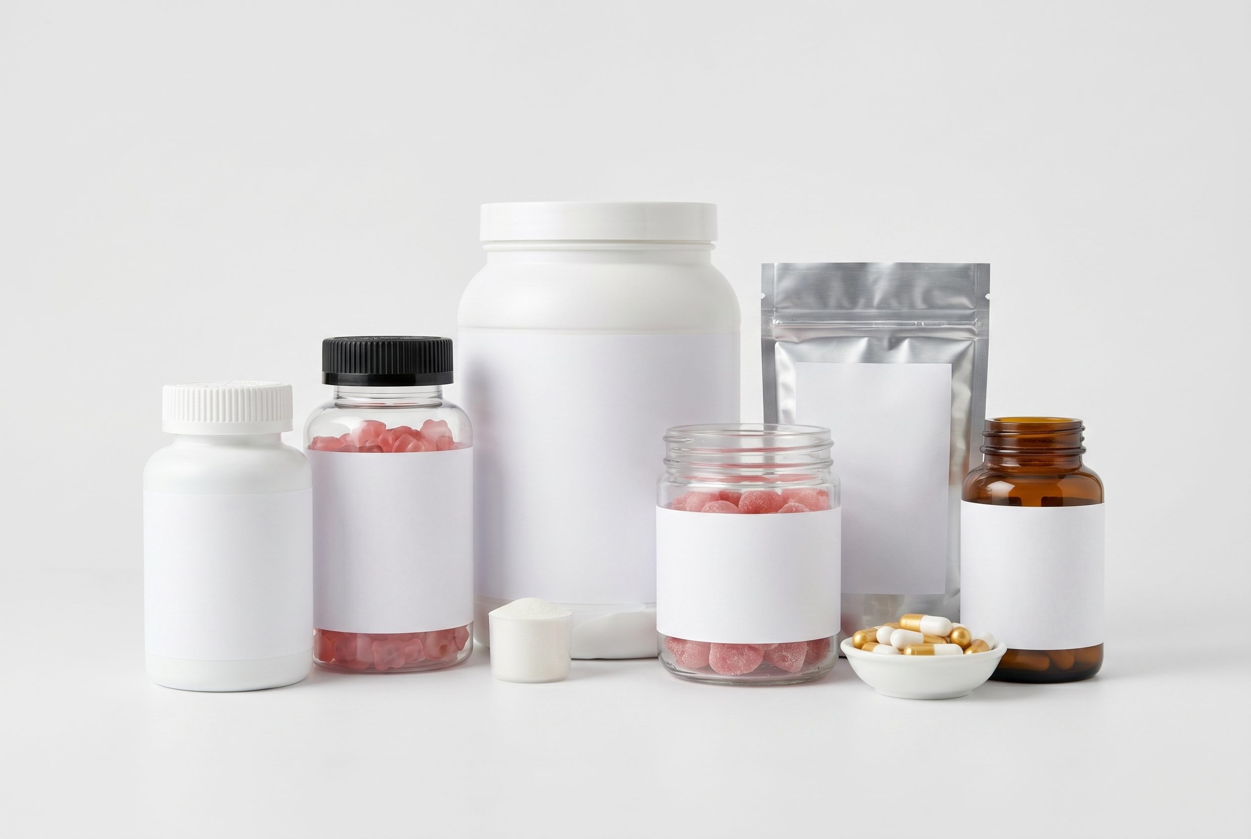 Ai Product Photography example 10 Unbranded supplement packaging shown as a coordinated product catalog set.