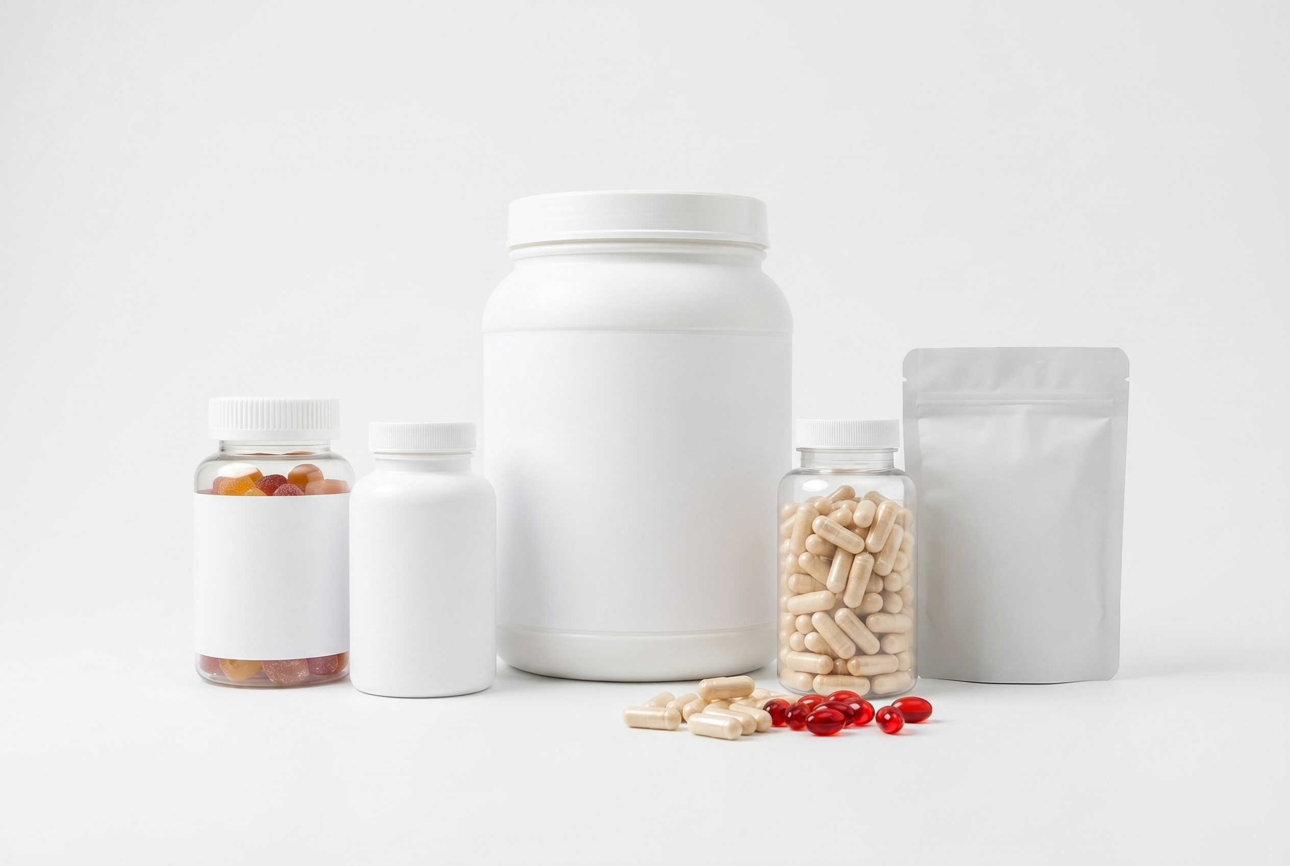 Electronics Product Photography 2:3 hero gallery image 1 Unbranded supplement pouches, bottles, and capsules arranged as a coordinated product batch.