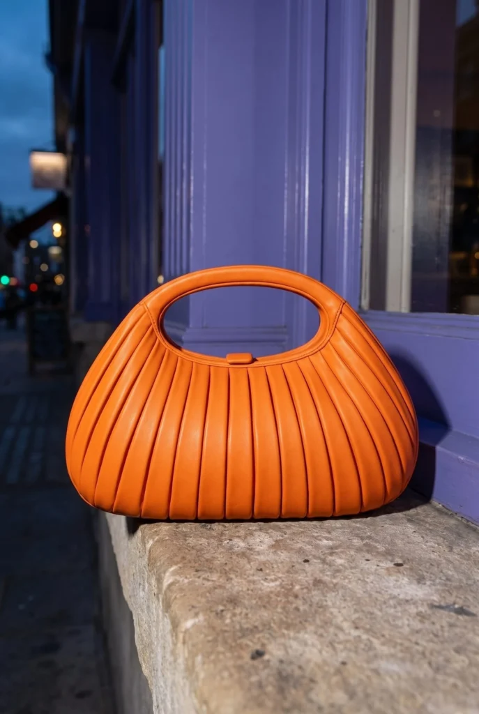 Orange pleated clutch on a stone ledge outside a violet cafe, generated with Fotogenic AI
