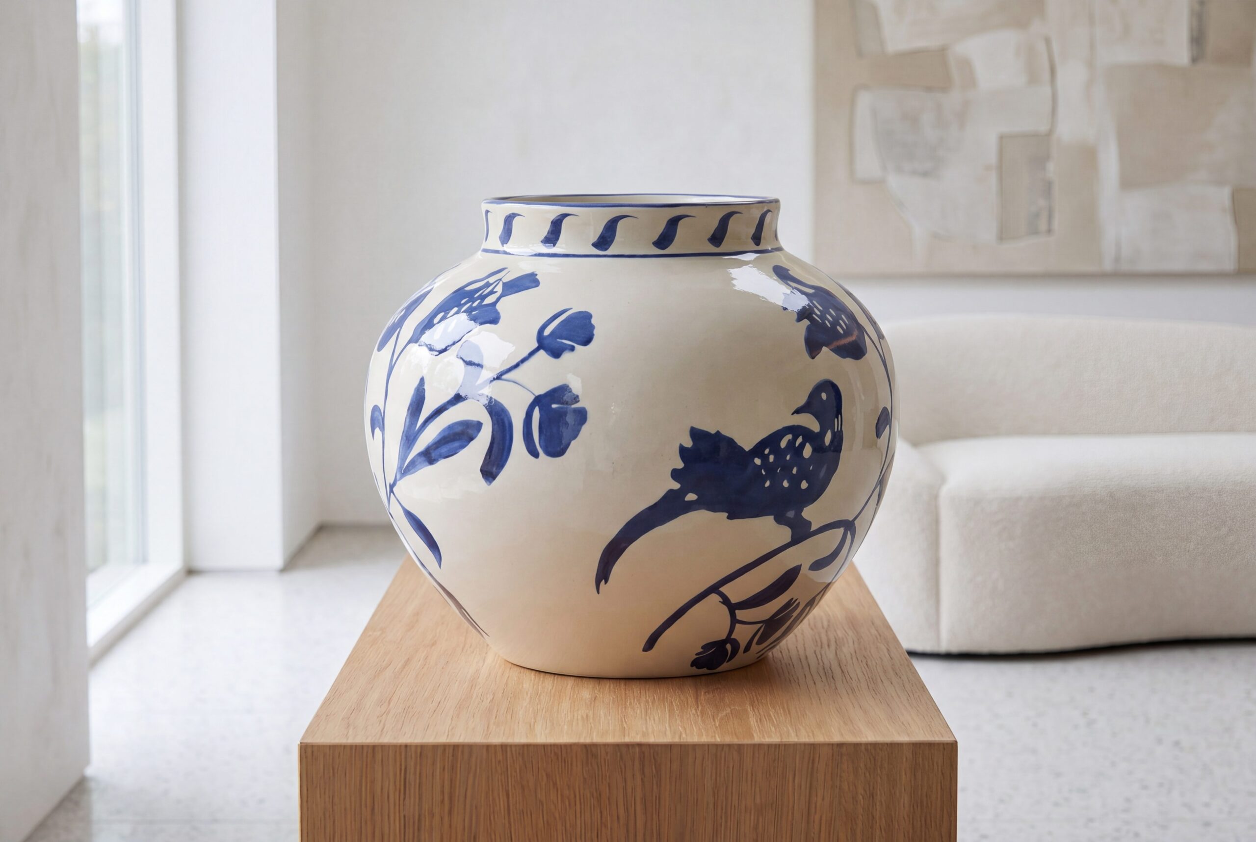 Blue ceramic vase product scene for an AI product photography example gallery.