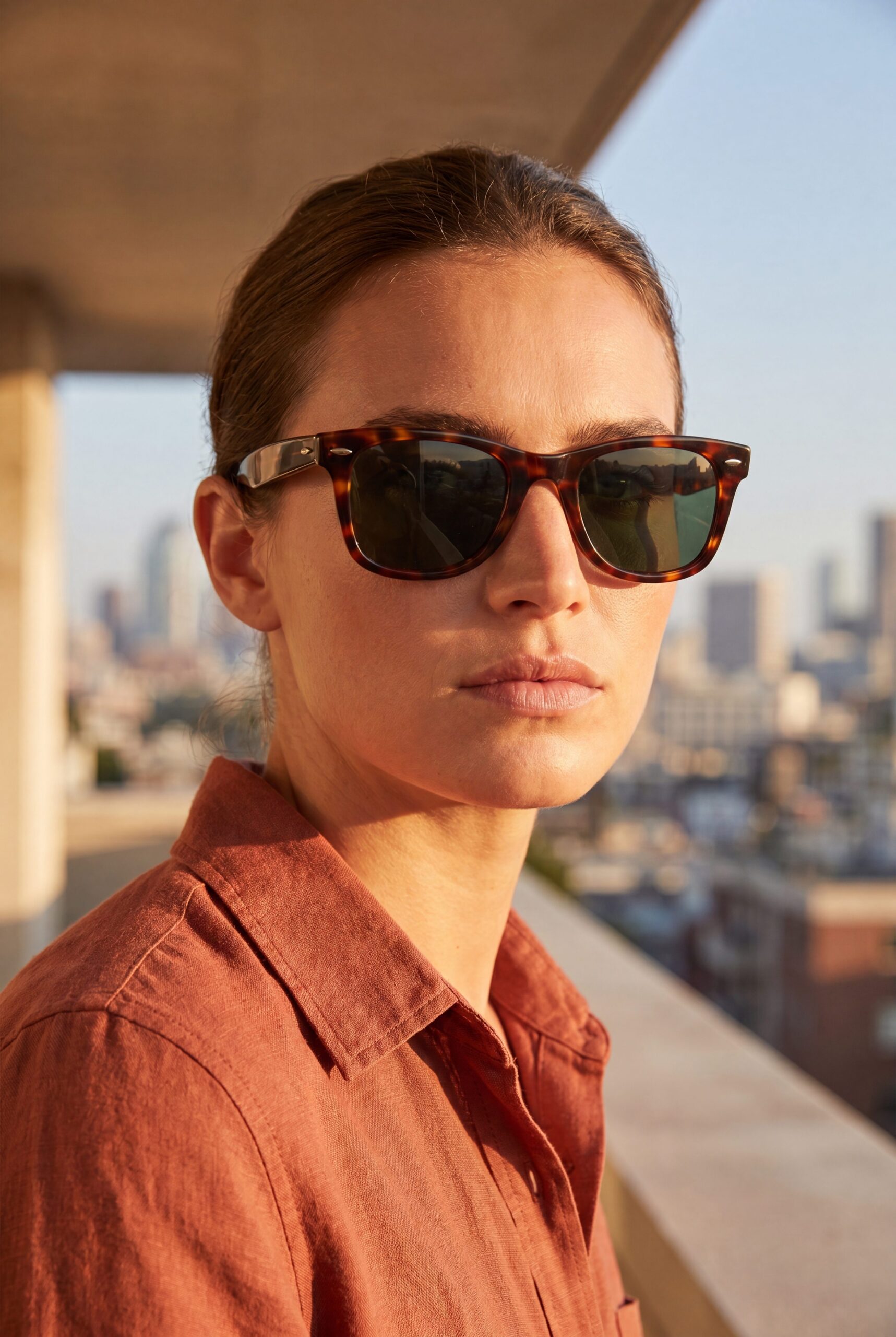 Premium eyewear product photography electronics example with unbranded tortoise eyewear rebuilt from fotogenic reference into a product-first model-led commercial portrait.