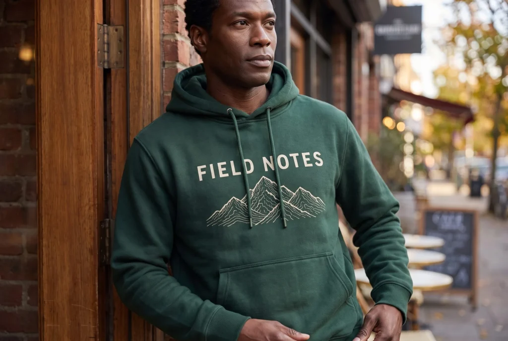 Nahaufnahme von cremefarbenen Schriftzügen und Bergmotiven auf einem grünen Kapuzenpullover vor einem Ladeneingang.
