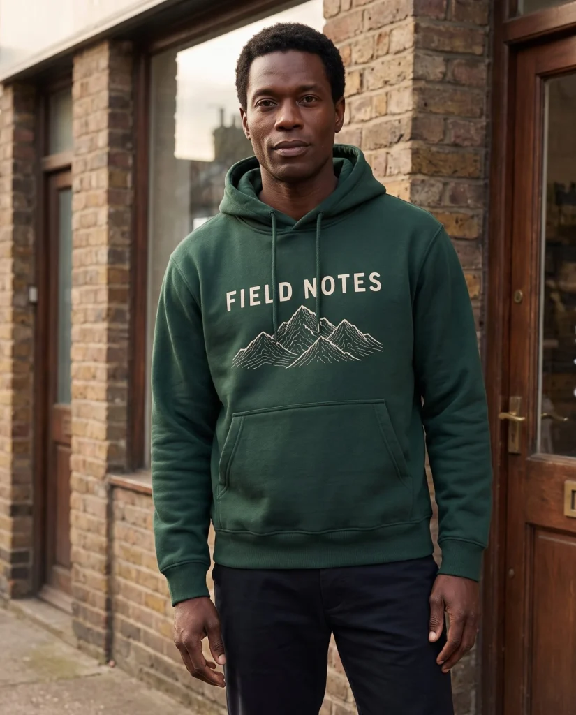 Ein Mann in einem grünen FIELD NOTES-Kapuzenpullover steht vor einem Backsteingebäude.