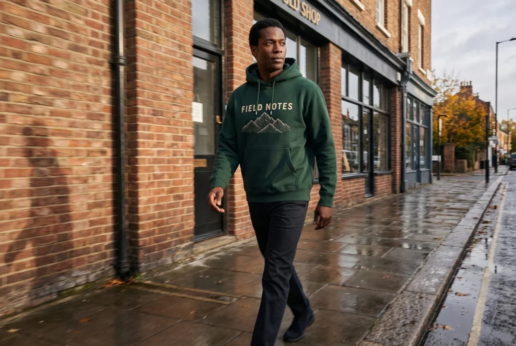Man wearing a dark green printed hoodie on a wet brick-lined street.