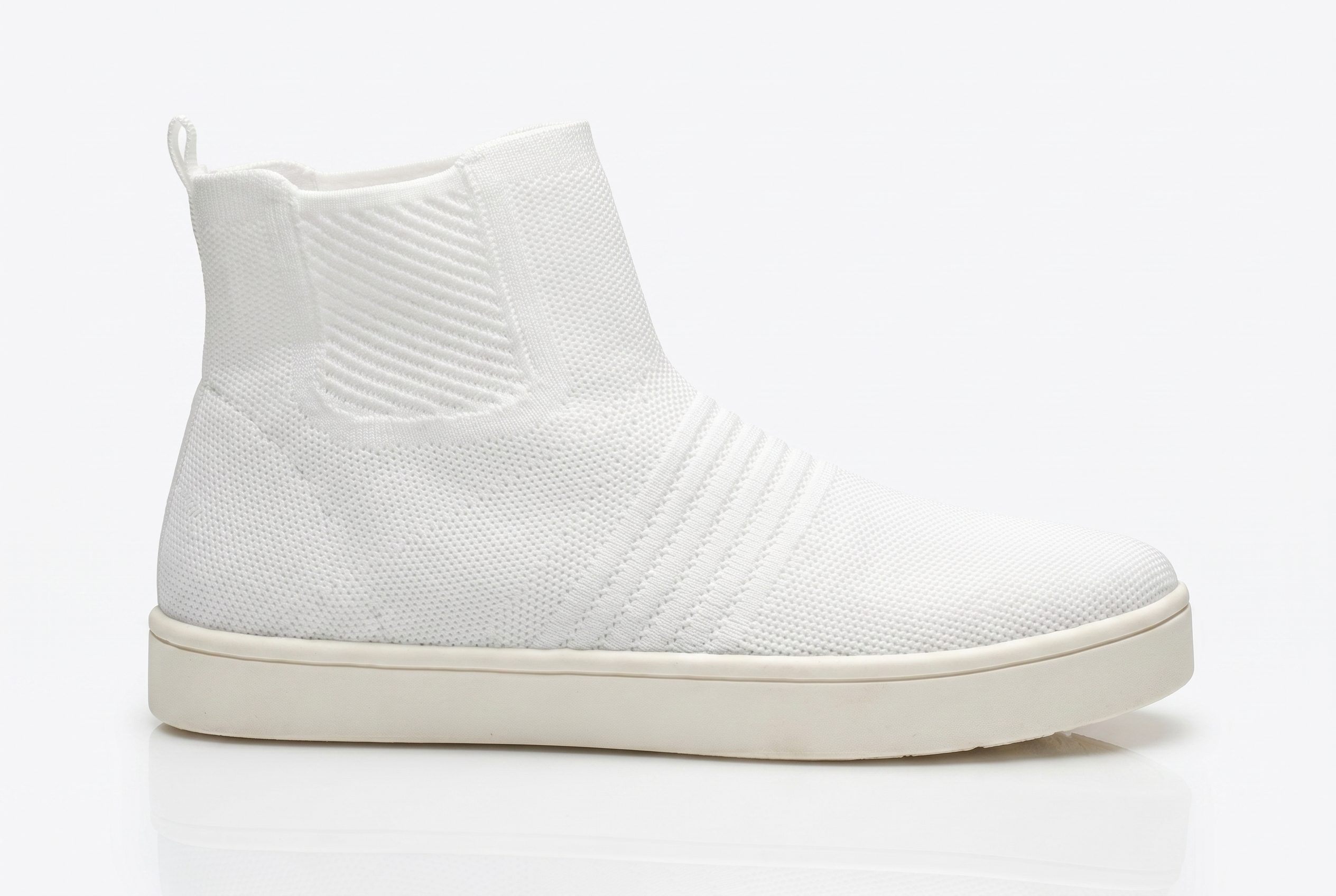 White knit sneaker side profile for footwear product photography
