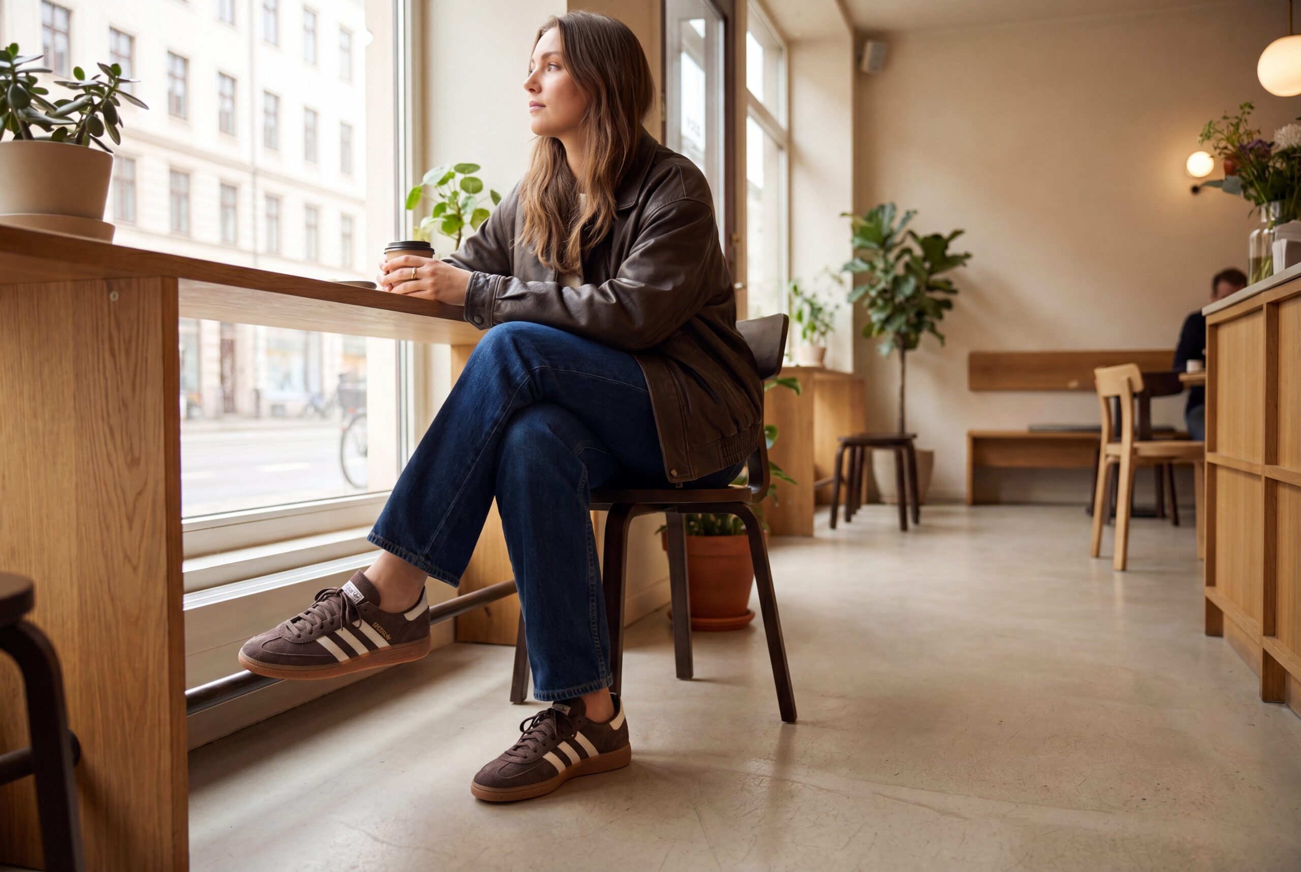 Brown sandal lifestyle product photo showing footwear worn in a clean indoor ecommerce scene.