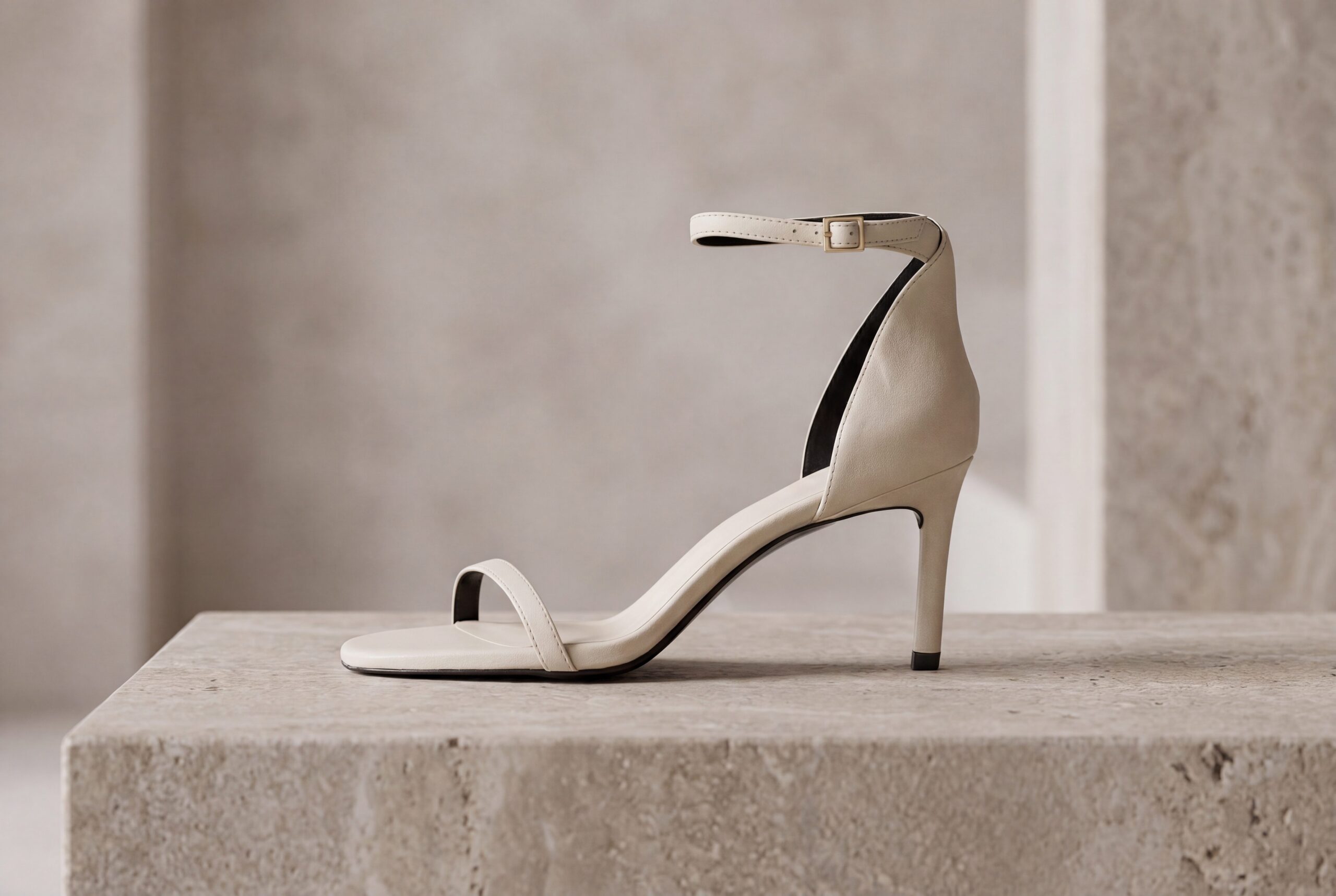 White heeled sandal product detail photo showing clean shape, heel height, and premium footwear material.