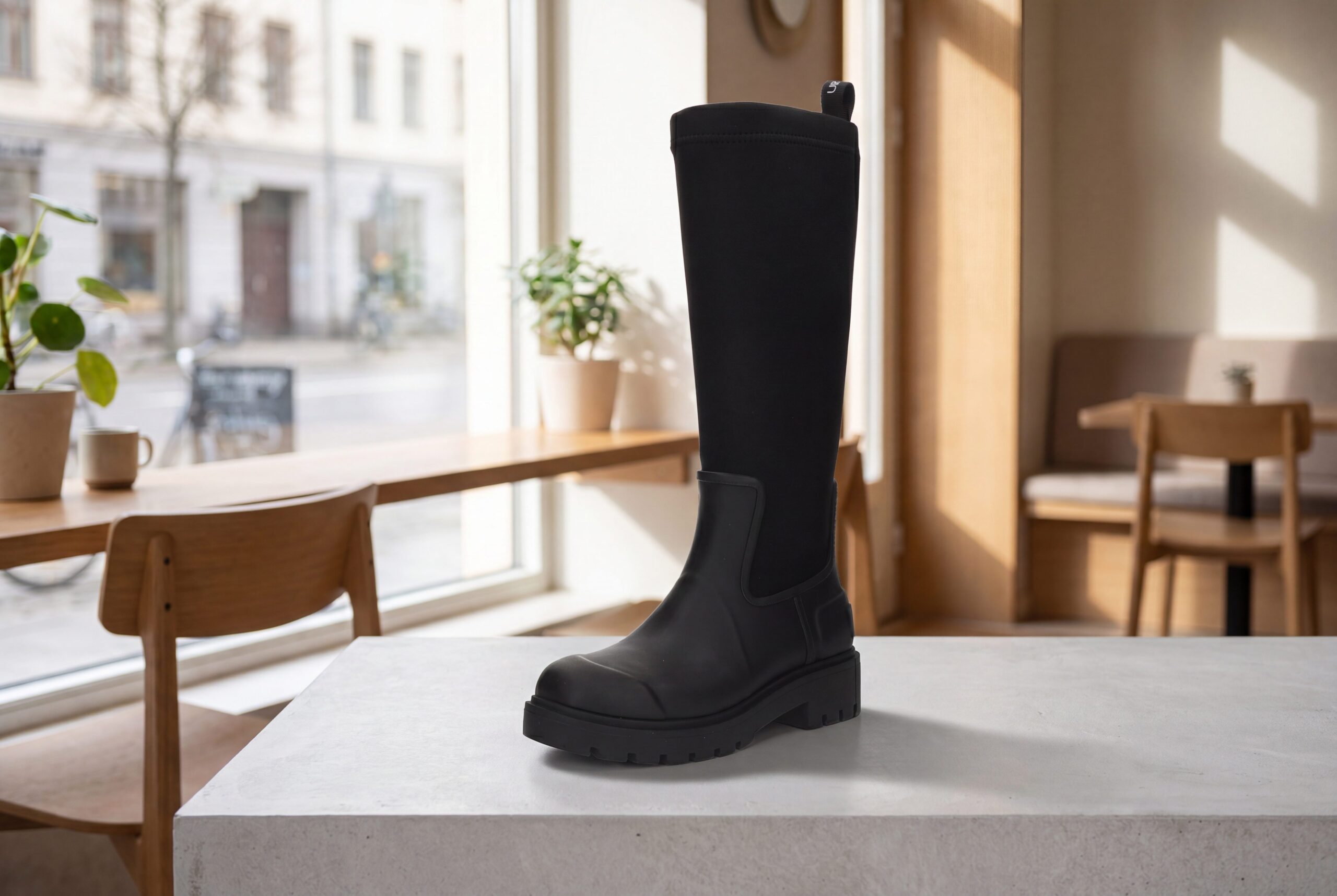 Black boot lifestyle product photo staged in a clean interior for premium footwear product photography.