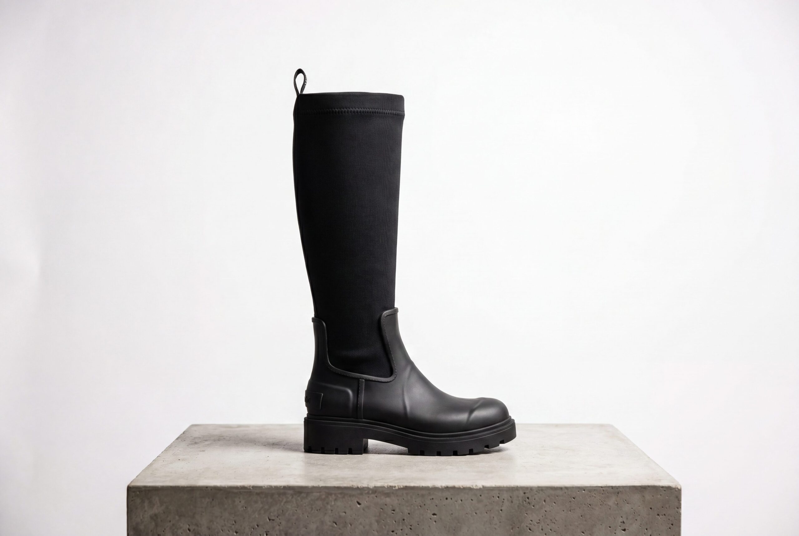 Black boot studio product photo on a clean pedestal for footwear catalog output.