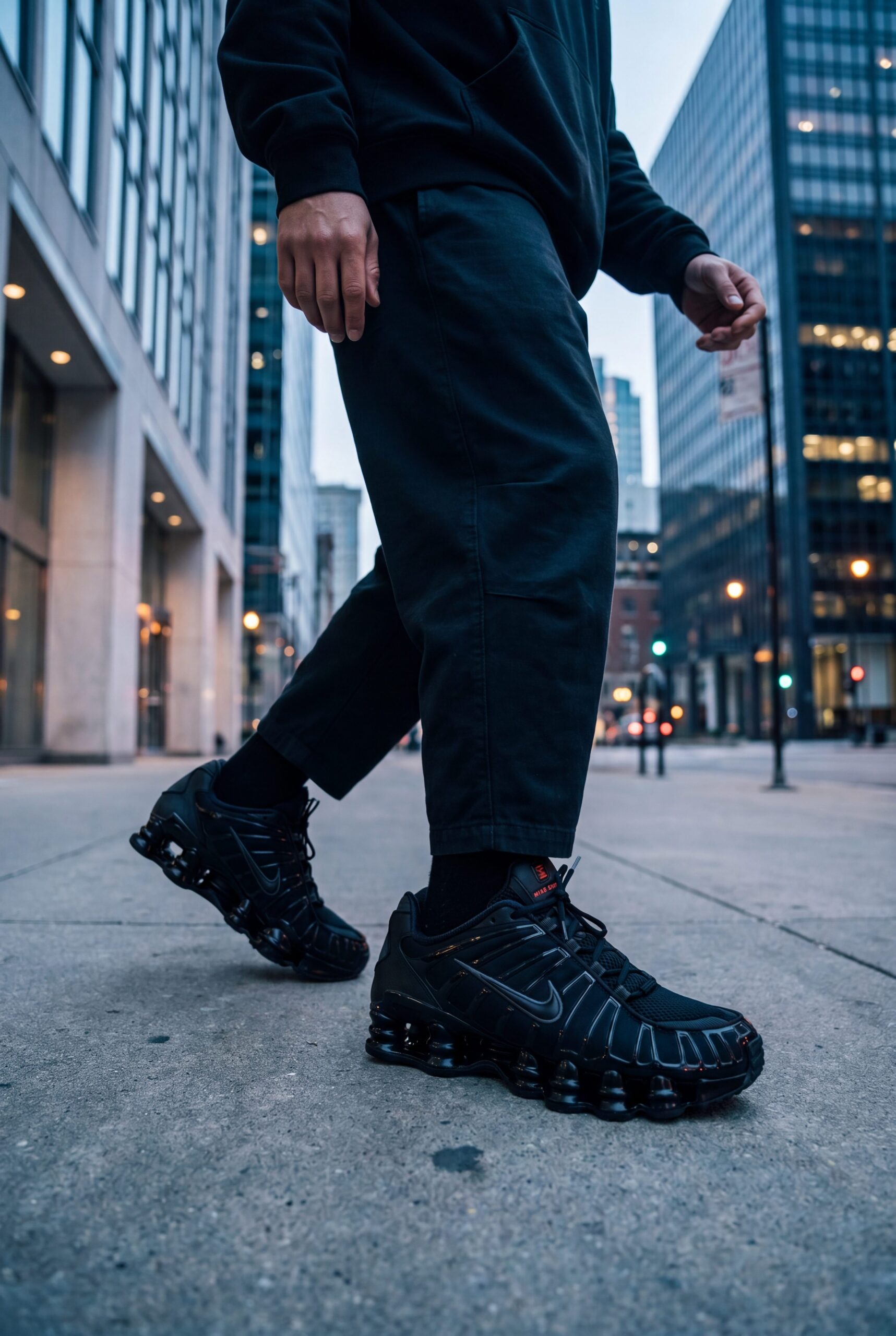 Black sneakers shown in a premium walking-detail scene for footwear product images.