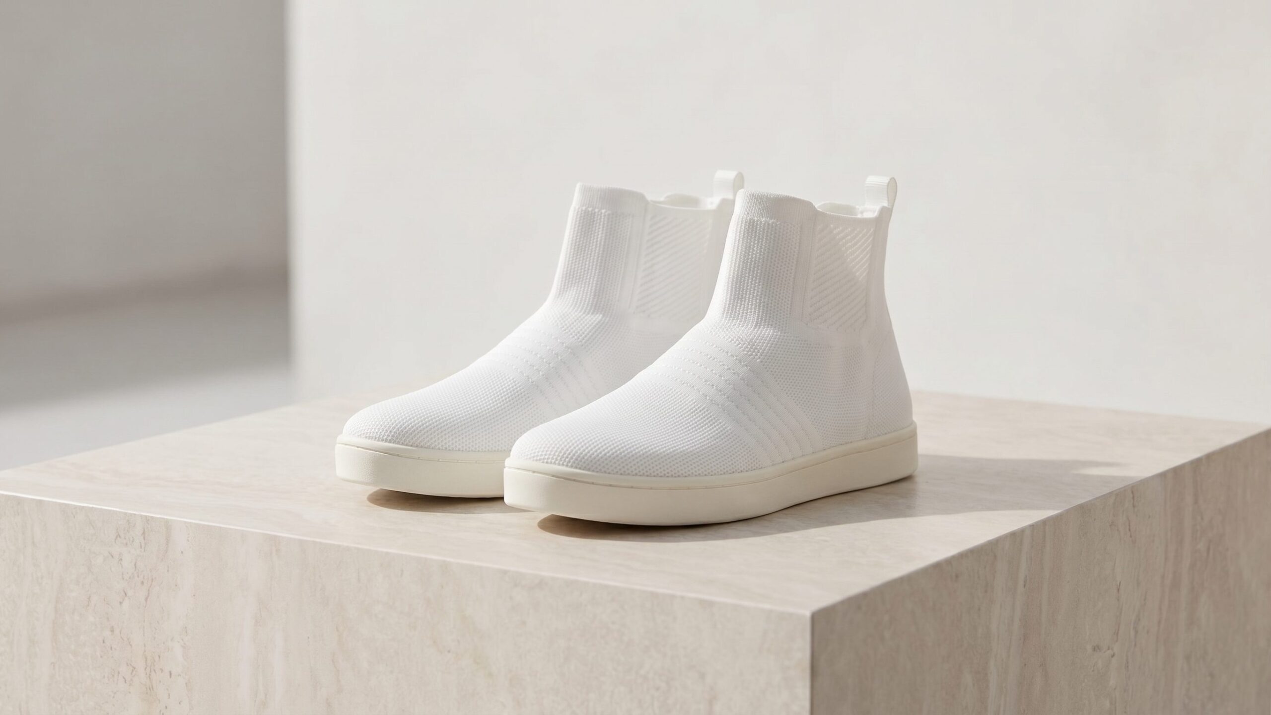 Fotogenic AI product photo generator example showing white footwear in a polished catalog scene
