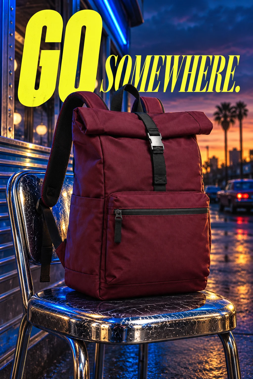 Burgundy rolltop backpack campaign, standing on a scratched chrome diner chair at dusk with cobalt neon reflected in real nylon, no actual illuminated signs
