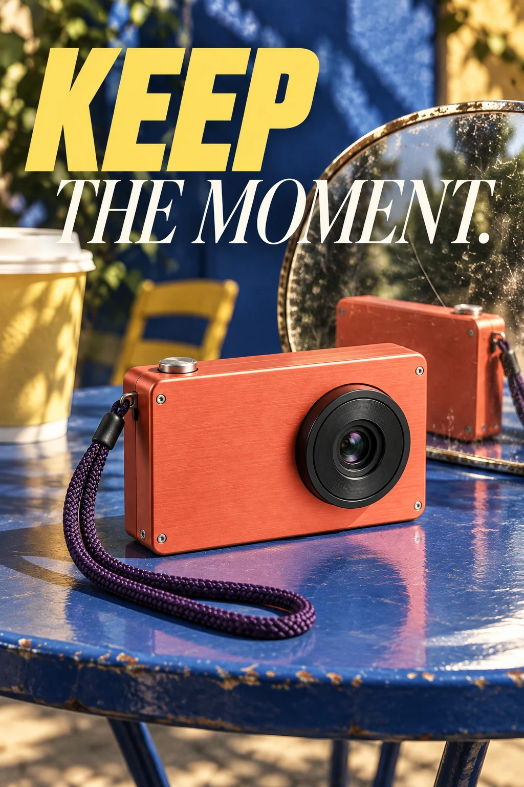 Coral compact camera campaign, on a cobalt cafe table with a scratched mirror reflecting its rear, diagonal sun and a paper cup out of focus
