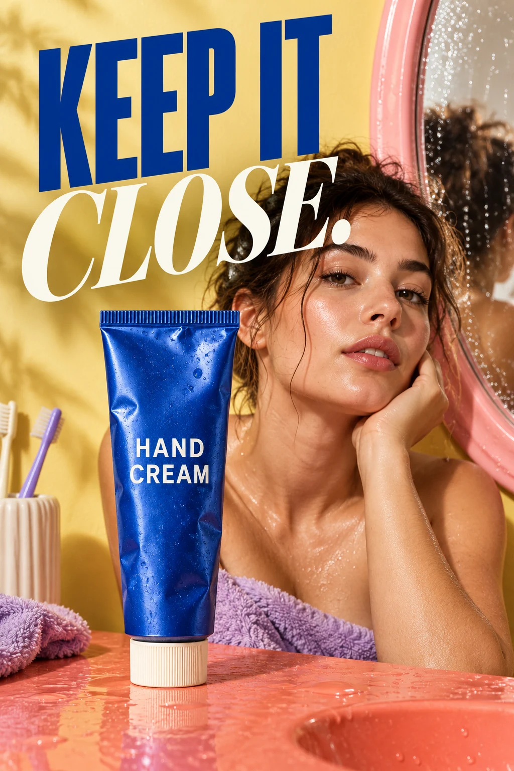 Cobalt hand cream tube campaign, standing beside a tilted pink bathroom mirror with butter-yellow wall, wet coral ledge and flash