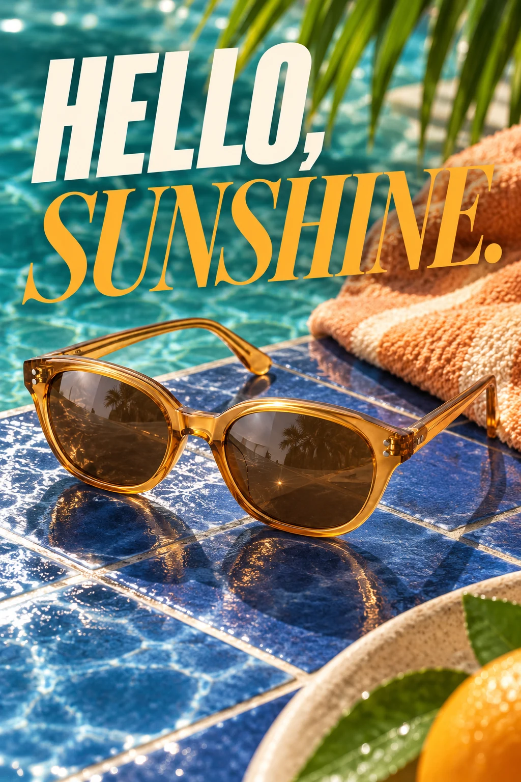 Amber acetate sunglasses campaign, resting open on a cobalt poolside tile with peach towel, clear sun caustics and believable lens reflections