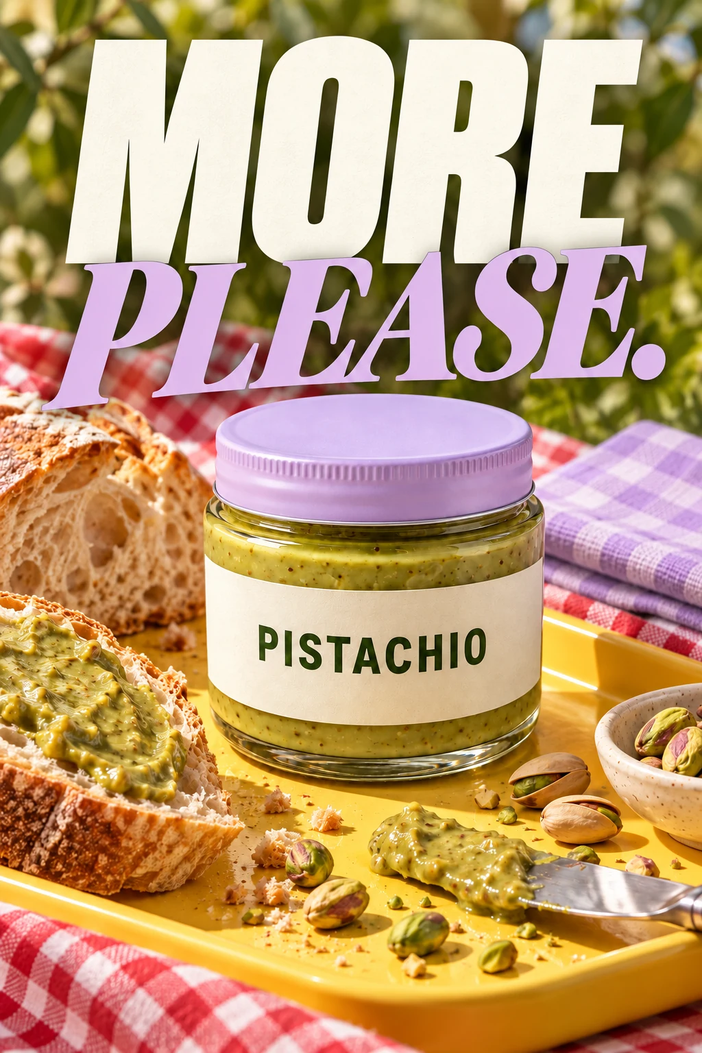 Pistachio spread jar with a lavender lid campaign, on sunny lemon-yellow picnic tray with crusty bread and pistachio spoon smear, red gingham cloth